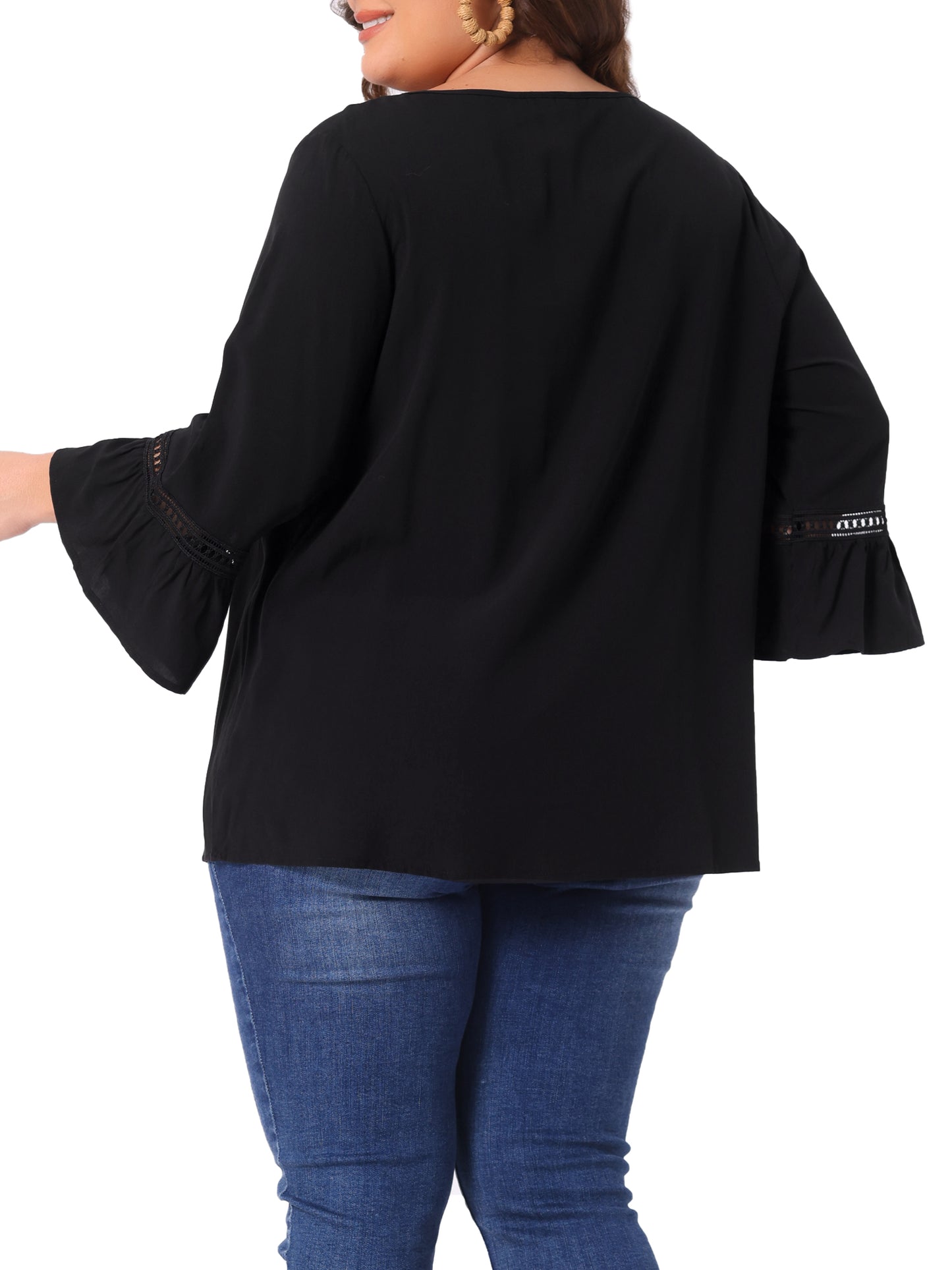 Women Plus Size Blouse 3/4 Flare Sleeves Peasant Keyhole Tie Casual Top