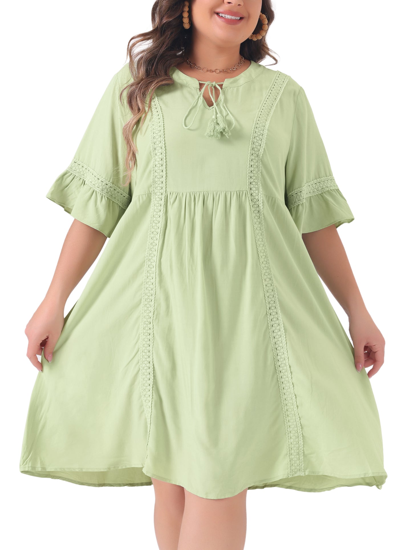 Women Plus Size Boho Dress Ruffle Short Sleeve Lace Insert V Neck Tassel Bohemian Mini Dress