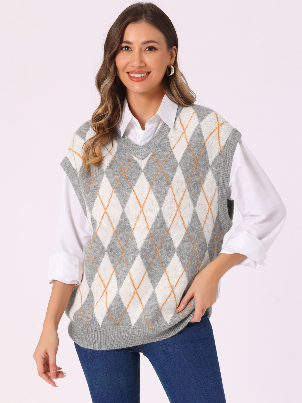 Women's Contrast Color Oversize Vest V Neck Sleeveless Knit Loose Pullover Sweater Top