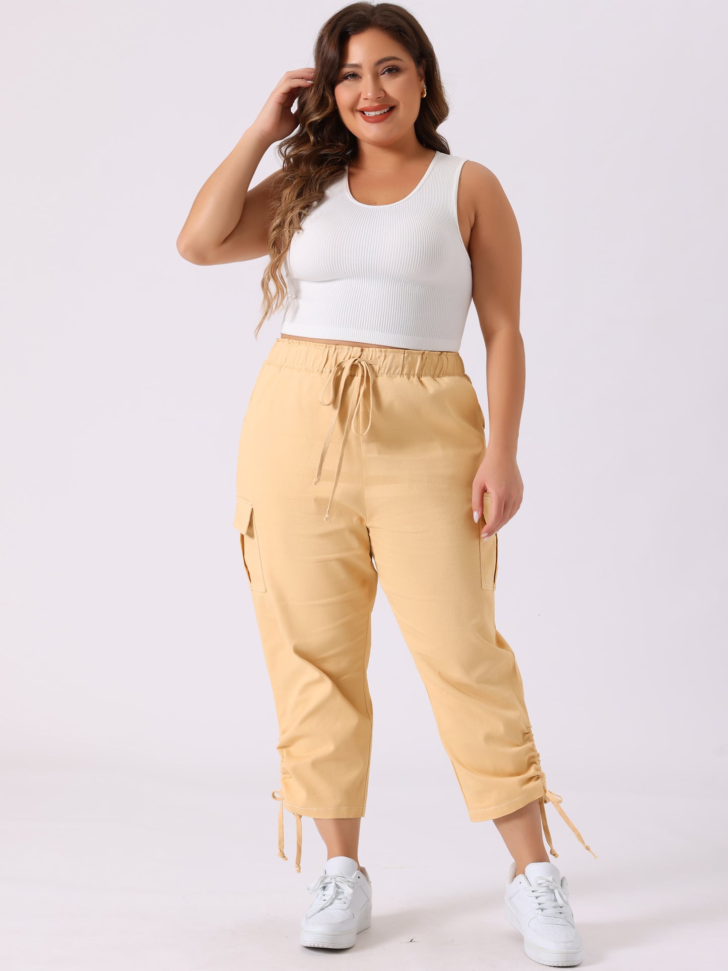 Women's Plus Size Drawstring Elastic Waist Cargo Pants with Pocket