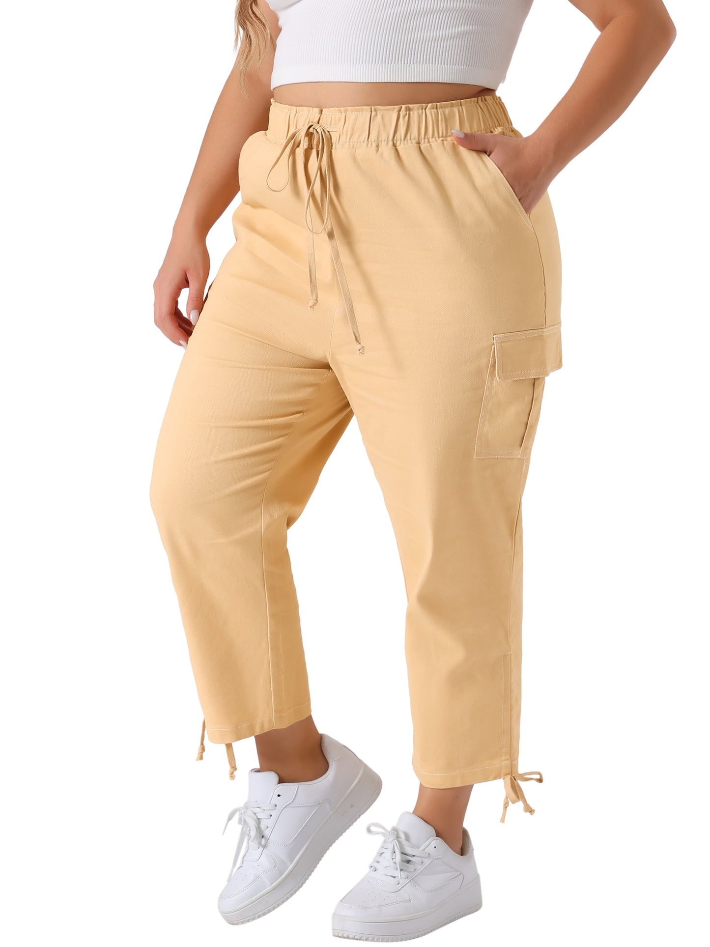 Women's Plus Size Drawstring Elastic Waist Cargo Pants with Pocket
