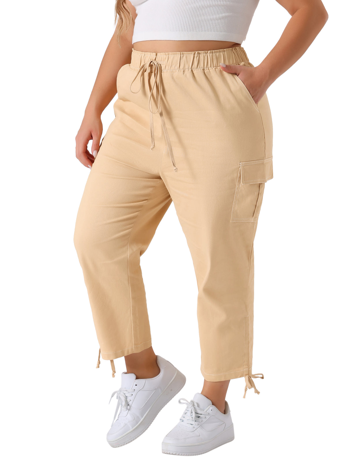 Women's Plus Size Drawstring Elastic Waist Cargo Pants with Pocket