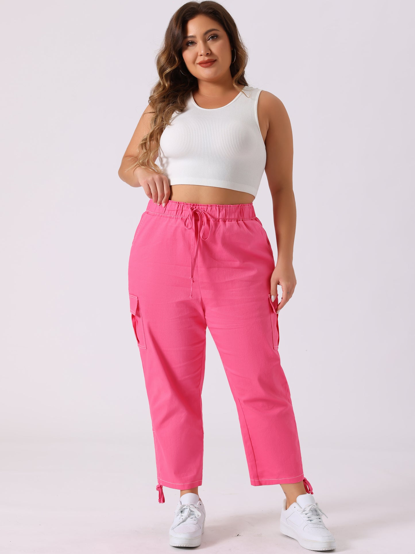 Women's Plus Size Drawstring Elastic Waist Cargo Pants with Pocket