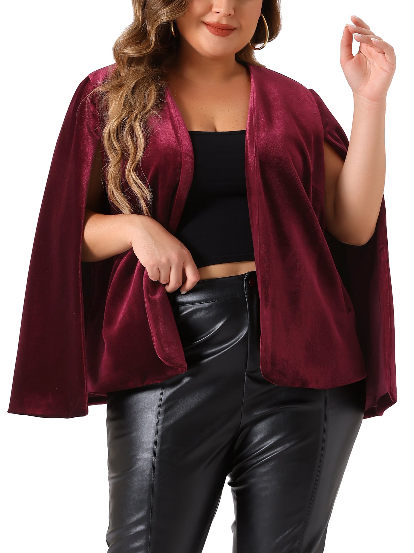 Blazer tipo capa de talla grande para mujer, elegante, informal, con abertura frontal y manga larga, de terciopelo