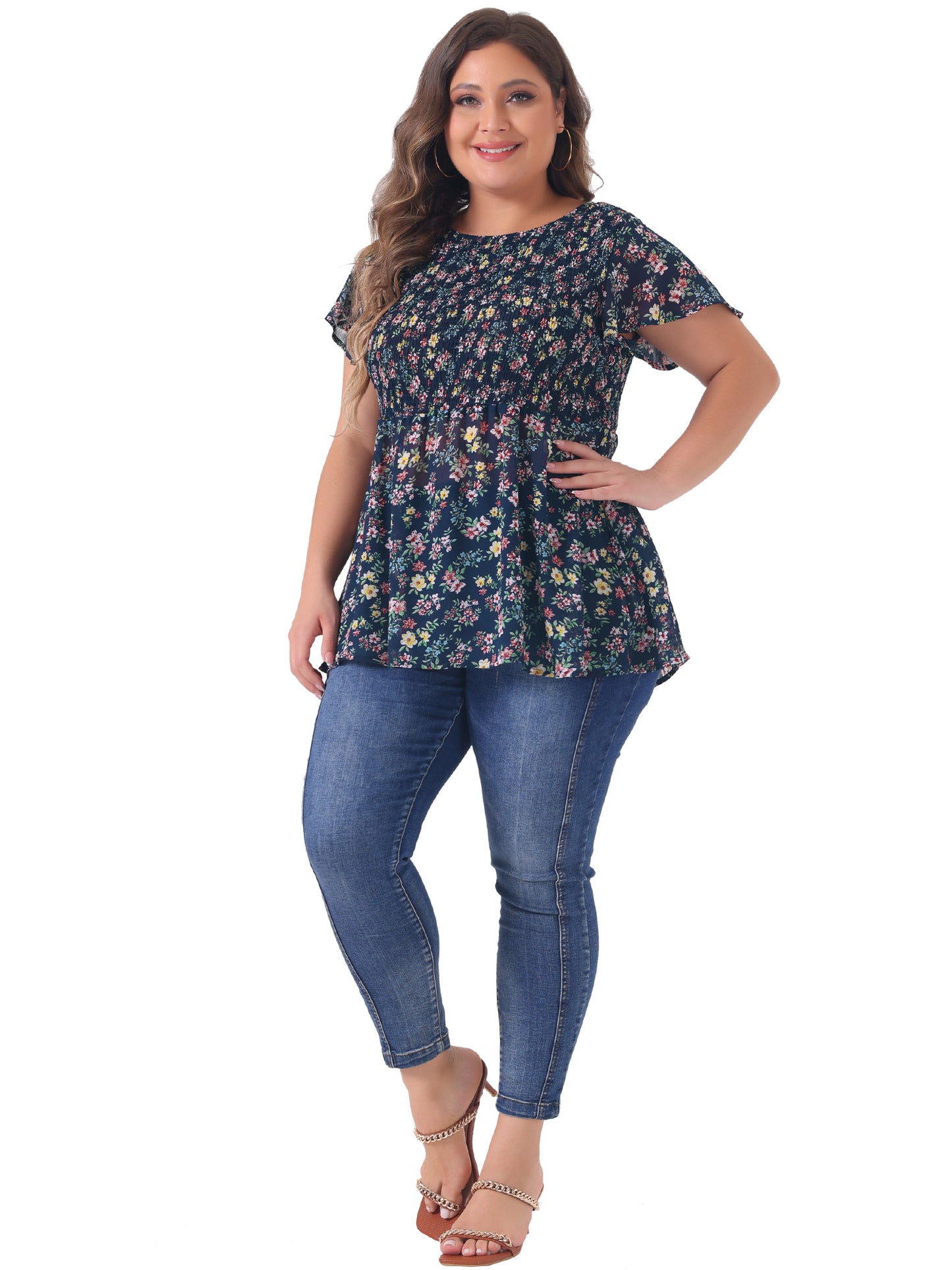 Women Plus Size Chiffon Blouse Summer Flare Short Sleeve Smocked Ditsy Floral Peplum Top