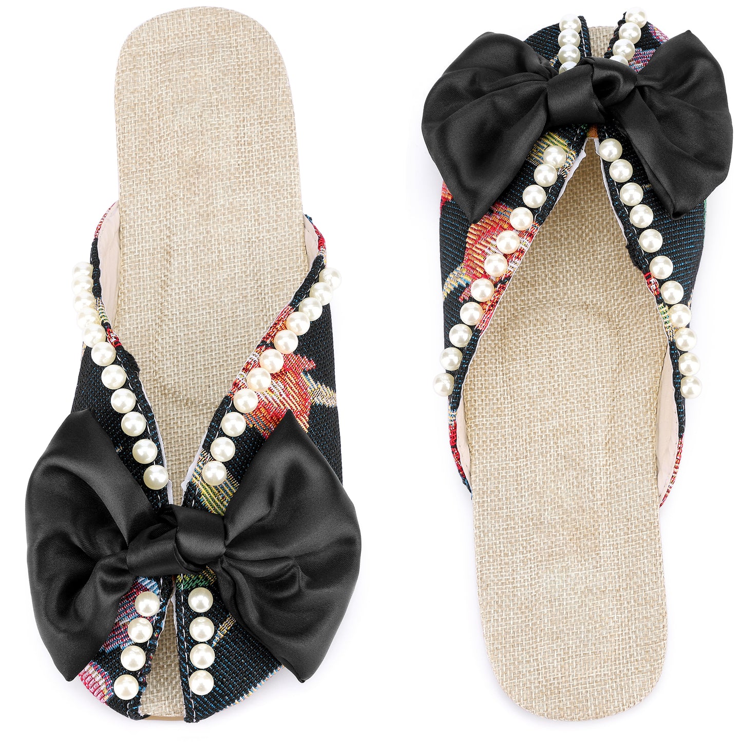 Sandalias planas con punta abierta y estampado floral para mujer, sin cordones, con perlas