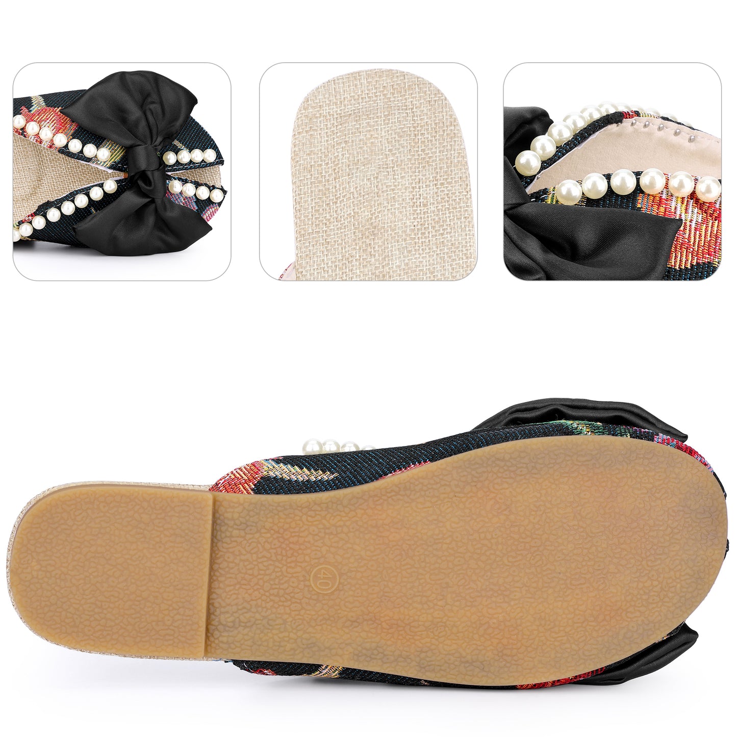 Sandalias planas con punta abierta y estampado floral para mujer, sin cordones, con perlas
