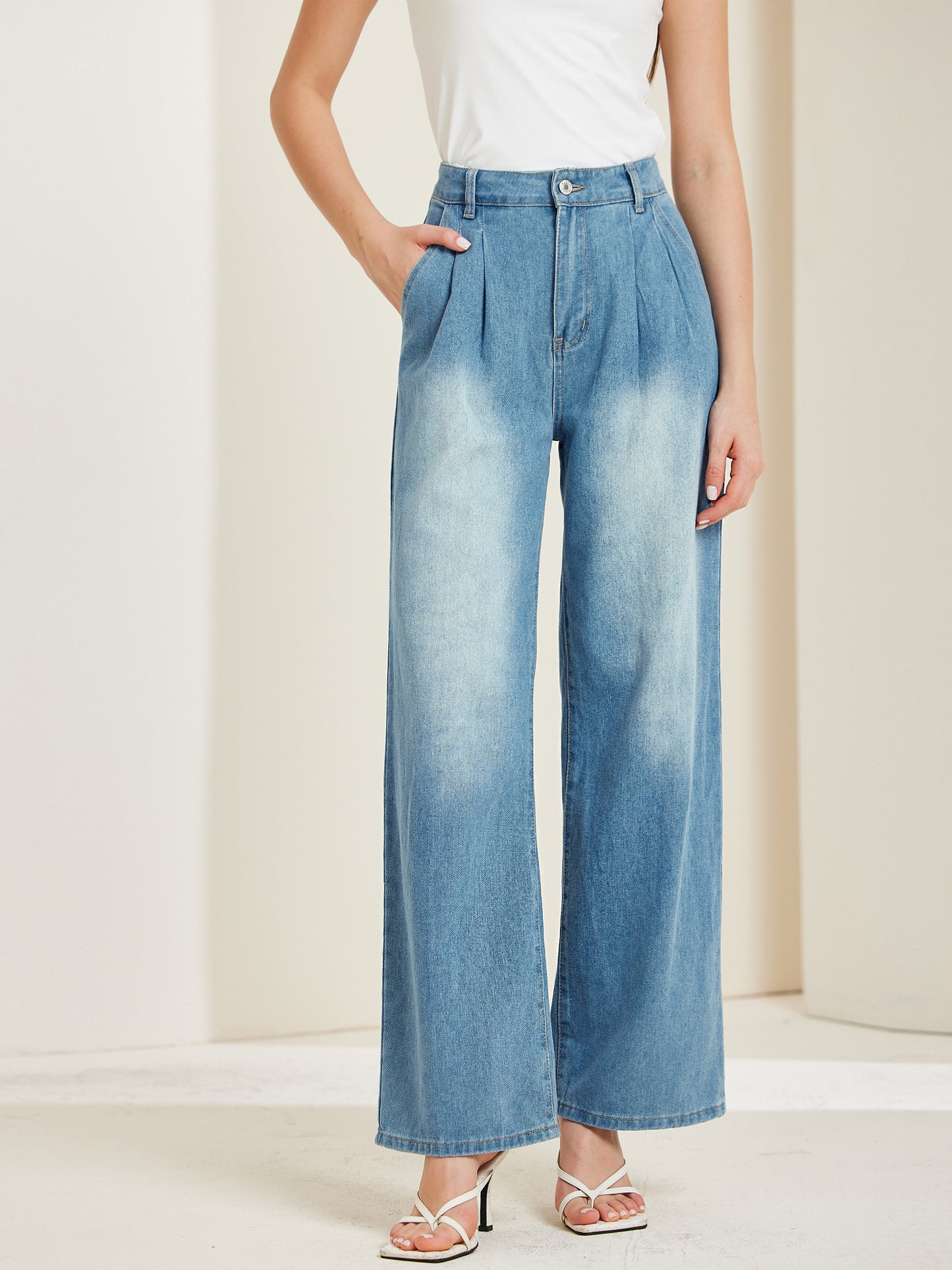 Pantalones vaqueros de pierna ancha para mujer, sueltos, de cintura alta, informales, de mezclilla