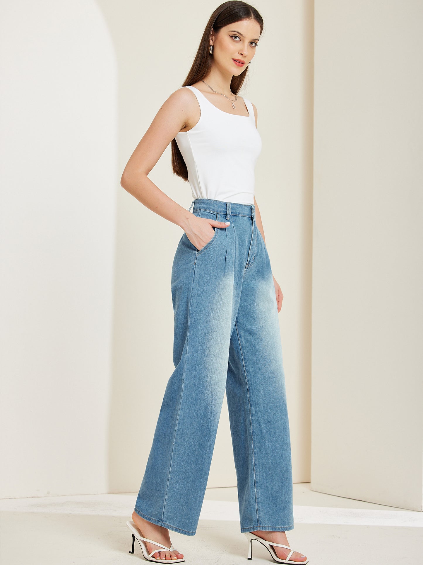 Pantalones vaqueros de pierna ancha para mujer, sueltos, de cintura alta, informales, de mezclilla
