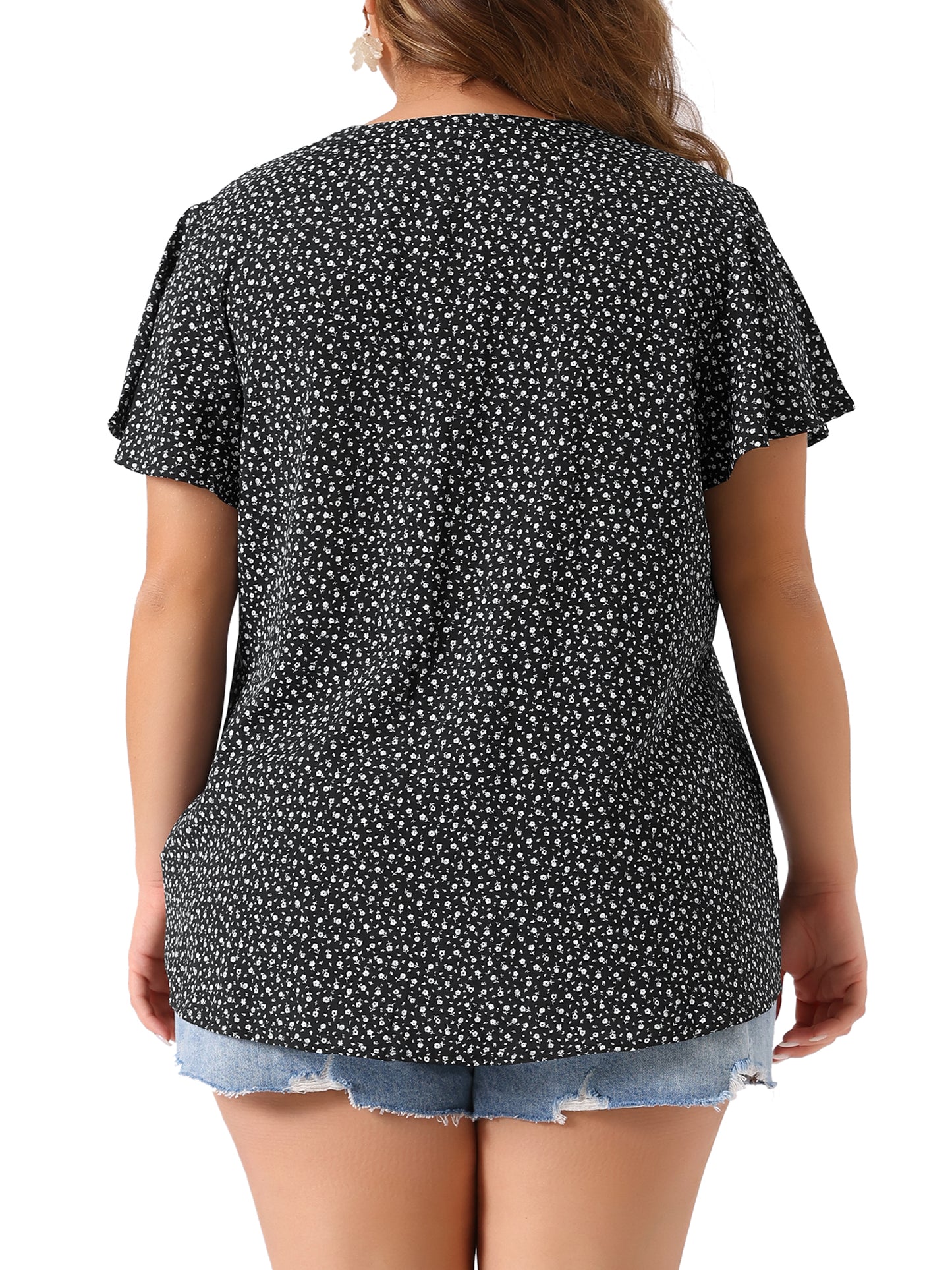Women Plus Size Chiffon Flare Short Sleeve Button Down Floral Blouse Shirt