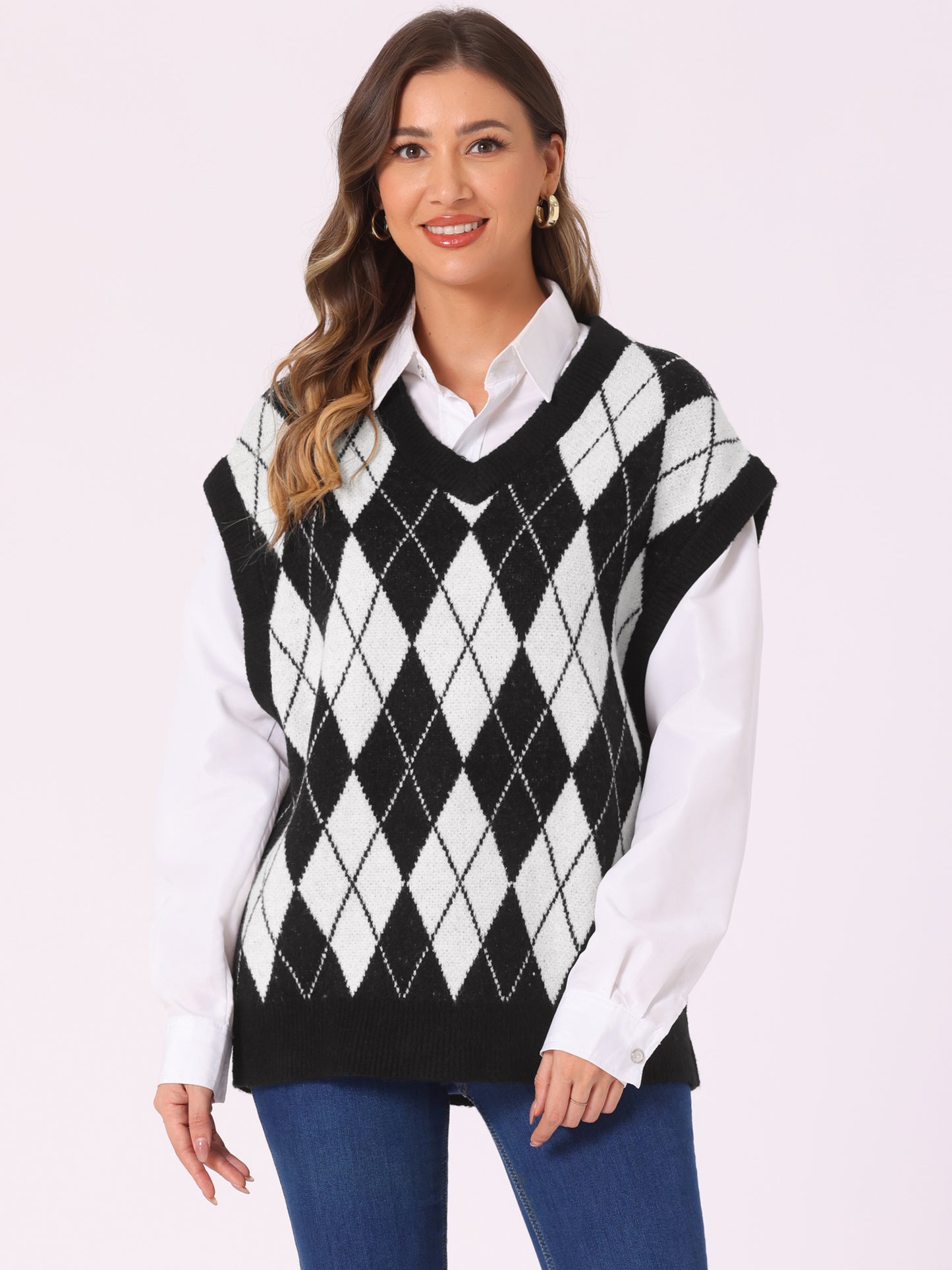 Women's Contrast Color Oversize Sweater Vest V Neck Sleeveless Knit Loose Pullover Sweater Top