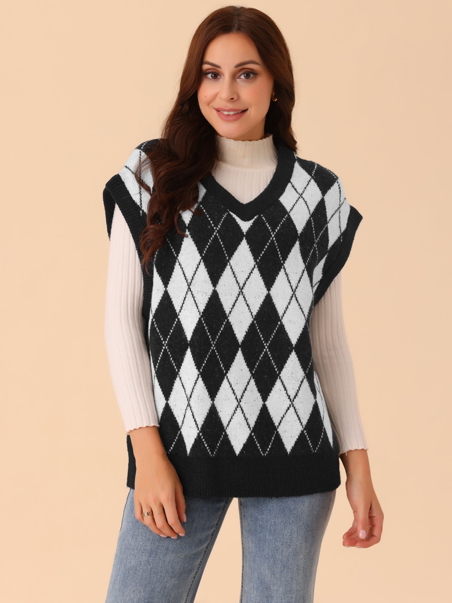 Women's Contrast Color Oversize Sweater Vest V Neck Sleeveless Knit Loose Pullover Sweater Top