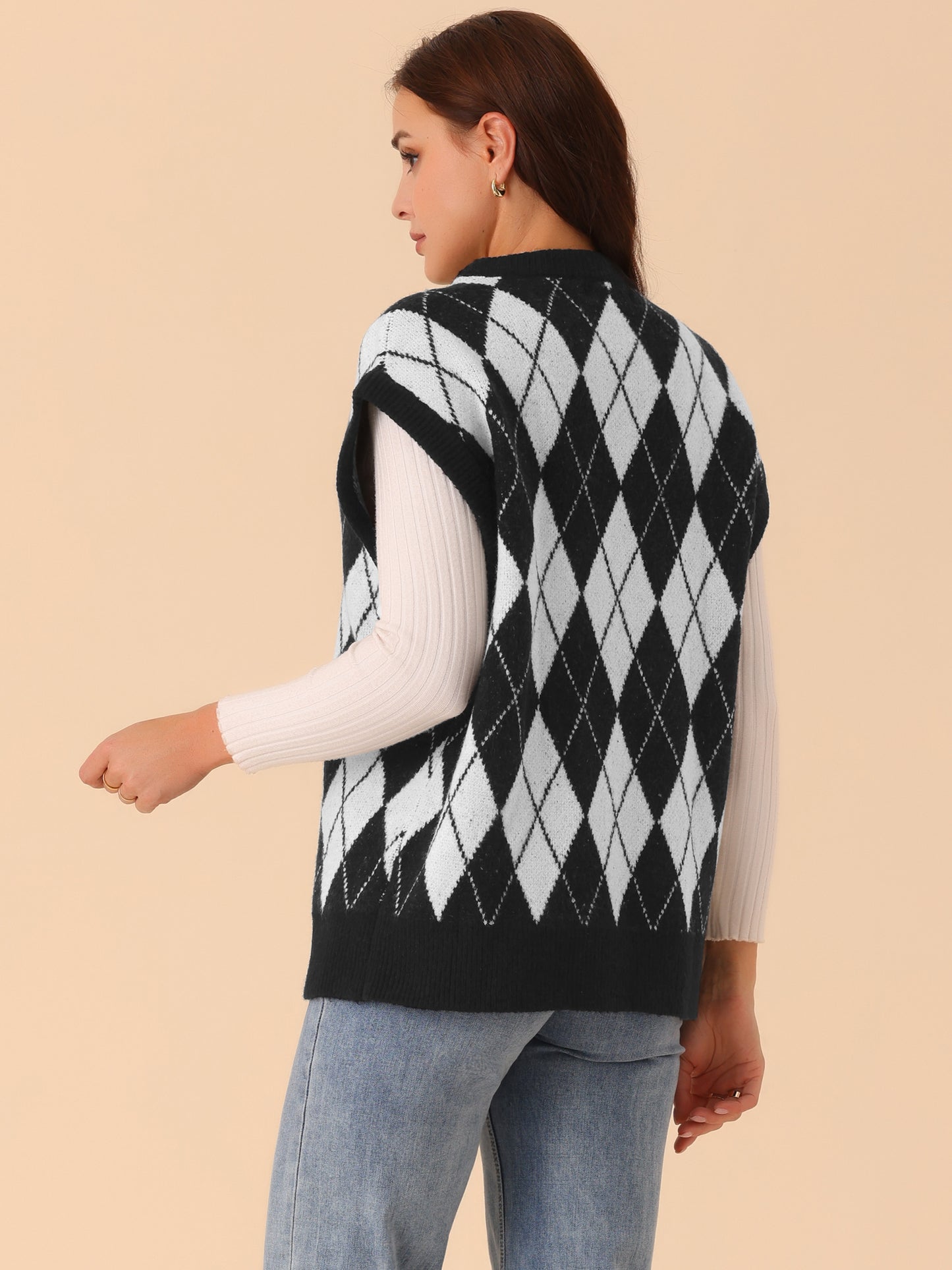 Women's Contrast Color Oversize Sweater Vest V Neck Sleeveless Knit Loose Pullover Sweater Top
