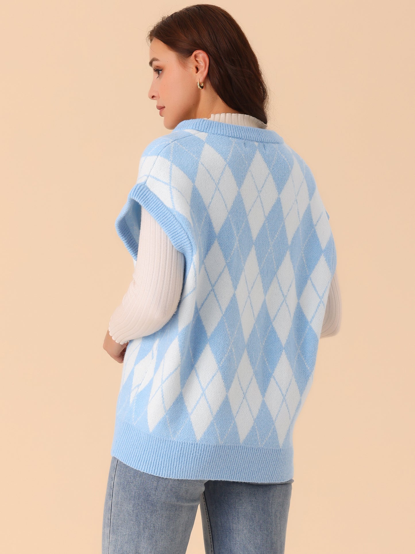 Women's Contrast Color Oversize Sweater Vest V Neck Sleeveless Knit Loose Pullover Sweater Top