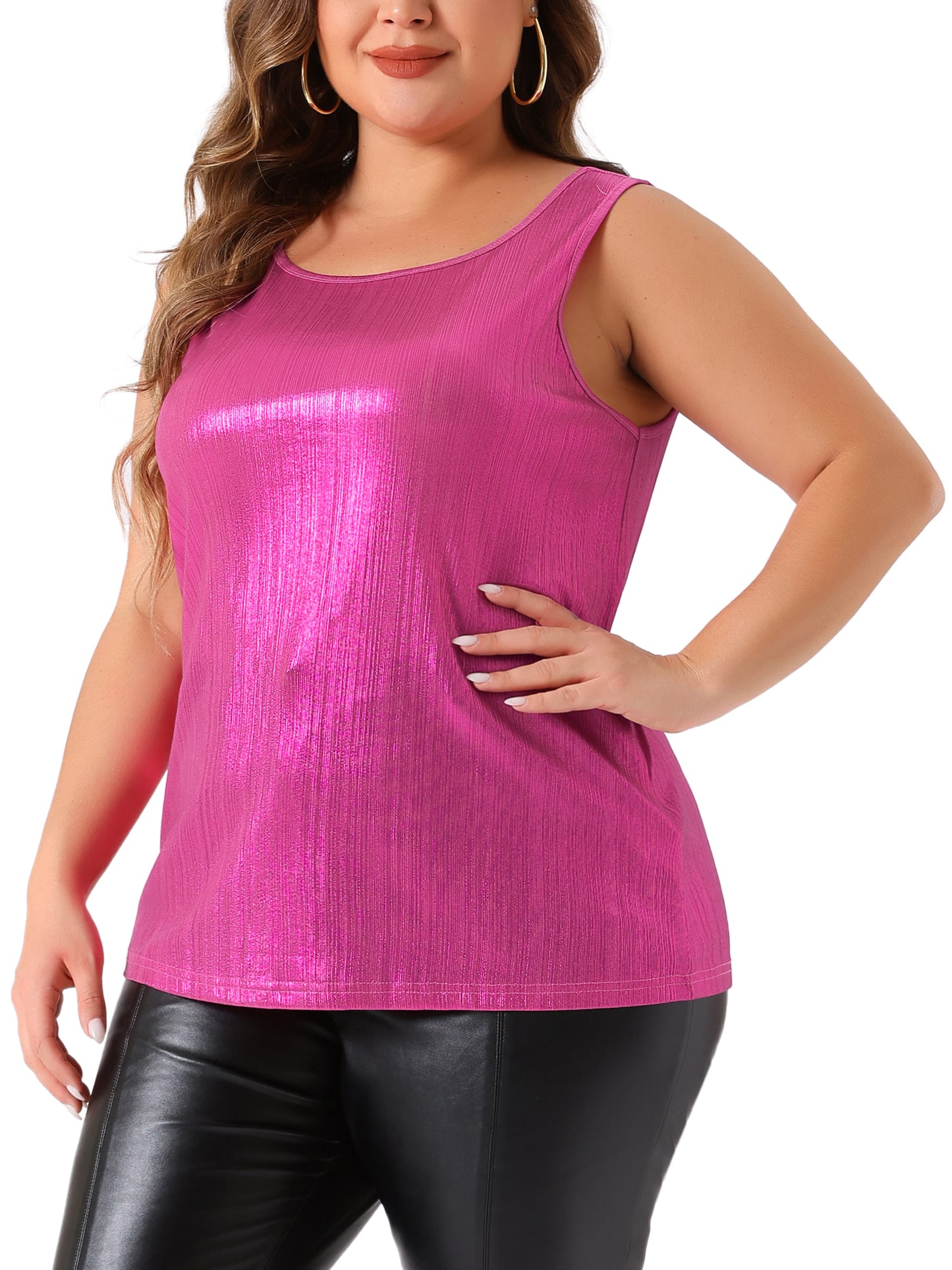 Women Plus Size Tops Scoop Neck Sleeveless Party Clubwear Holographic Shiny Metallic Tank Top