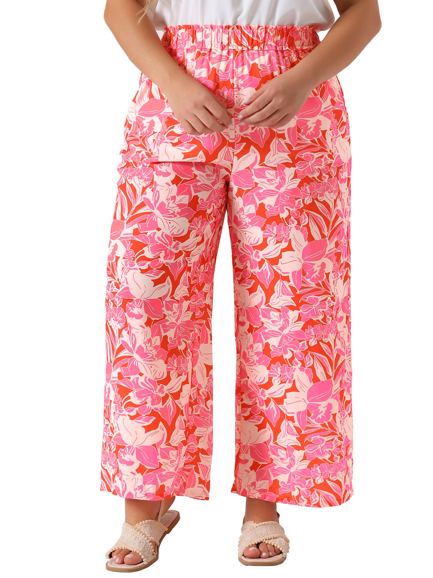 Women Plus Size Palazzo Pants Floral Print High Waist Trousers Wide Leg Pants with Pocket