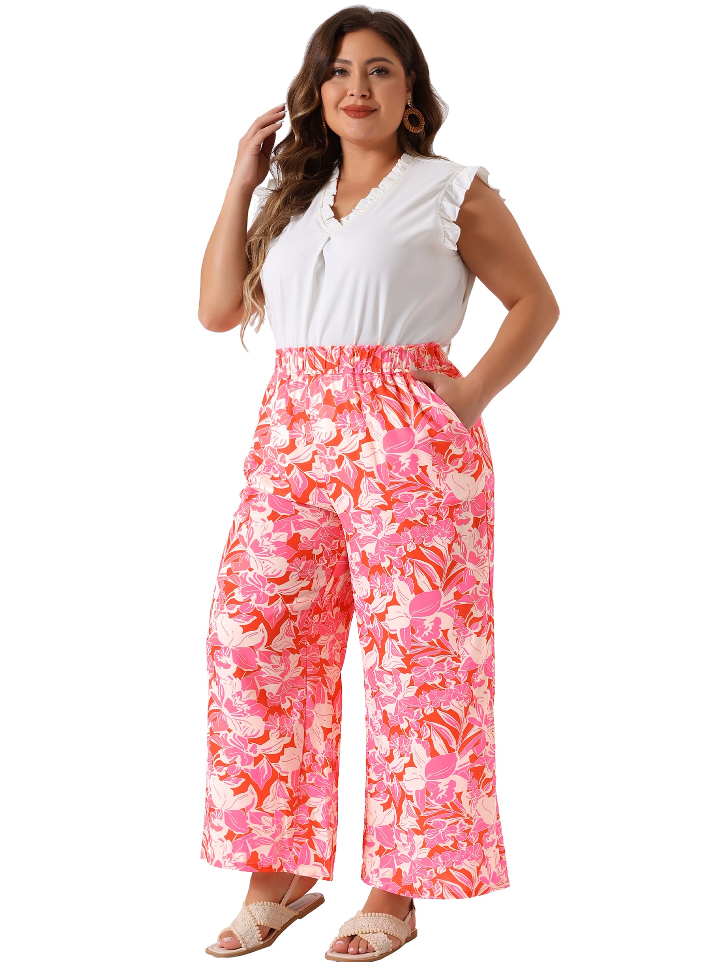 Women Plus Size Palazzo Pants Floral Print High Waist Trousers Wide Leg Pants with Pocket