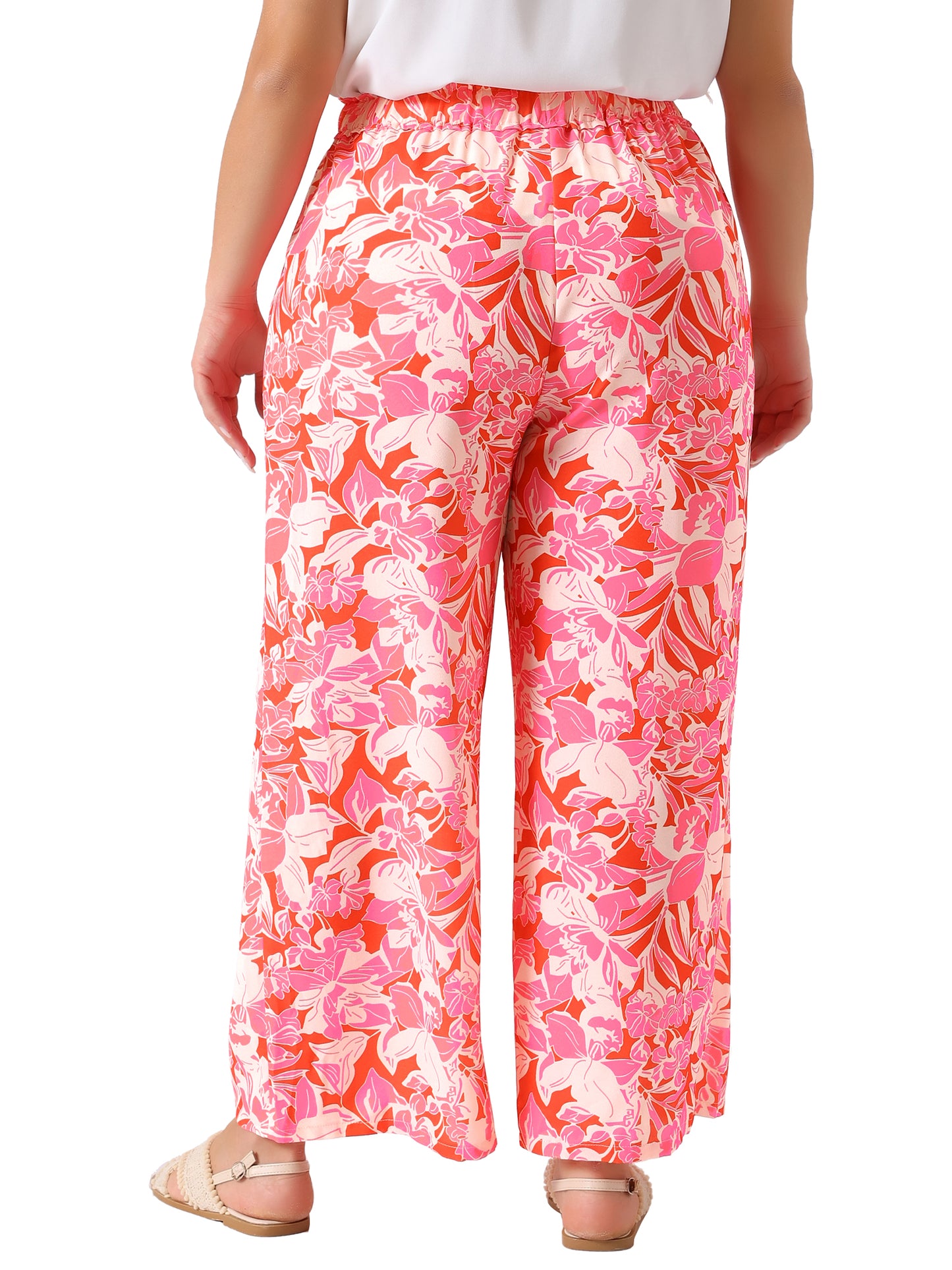 Women Plus Size Palazzo Pants Floral Print High Waist Trousers Wide Leg Pants with Pocket