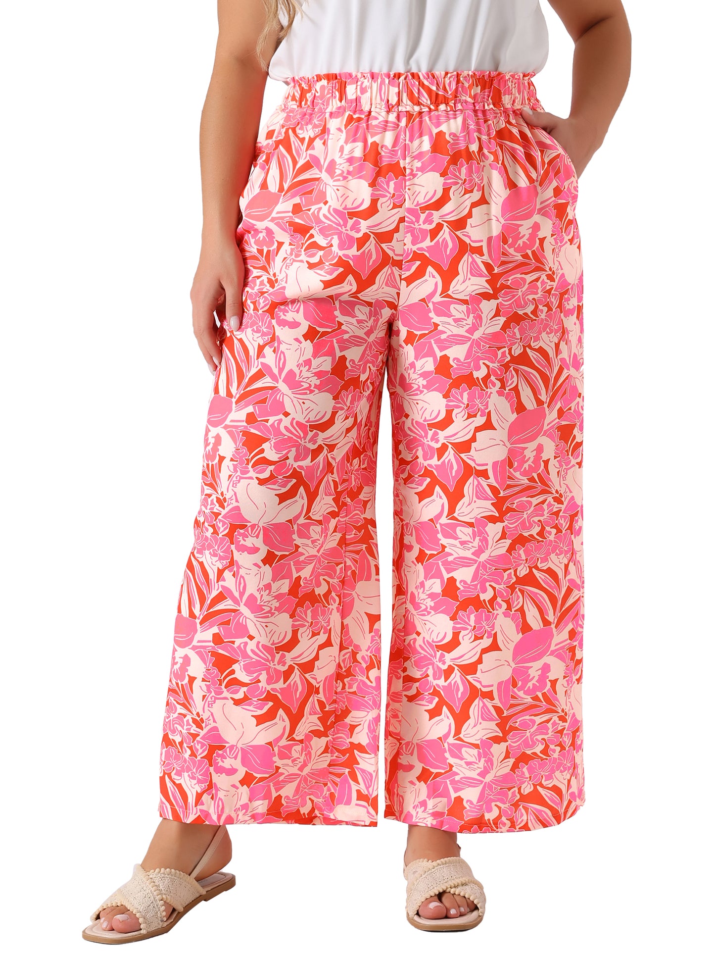Women Plus Size Palazzo Pants Floral Print High Waist Trousers Wide Leg Pants with Pocket