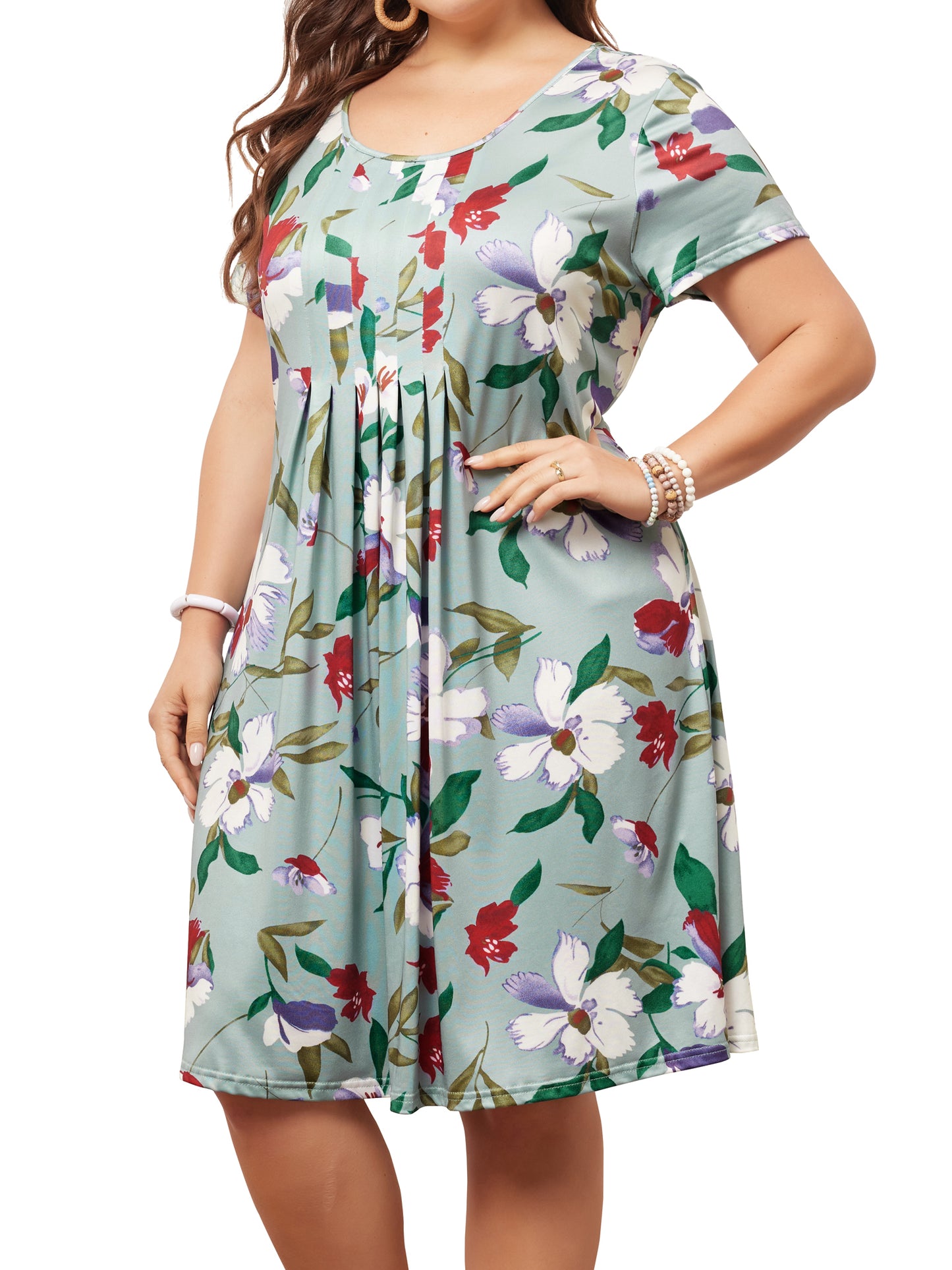 Women Plus Size Short Sleeves Pleated Summer Casual Loose Floral Dress
