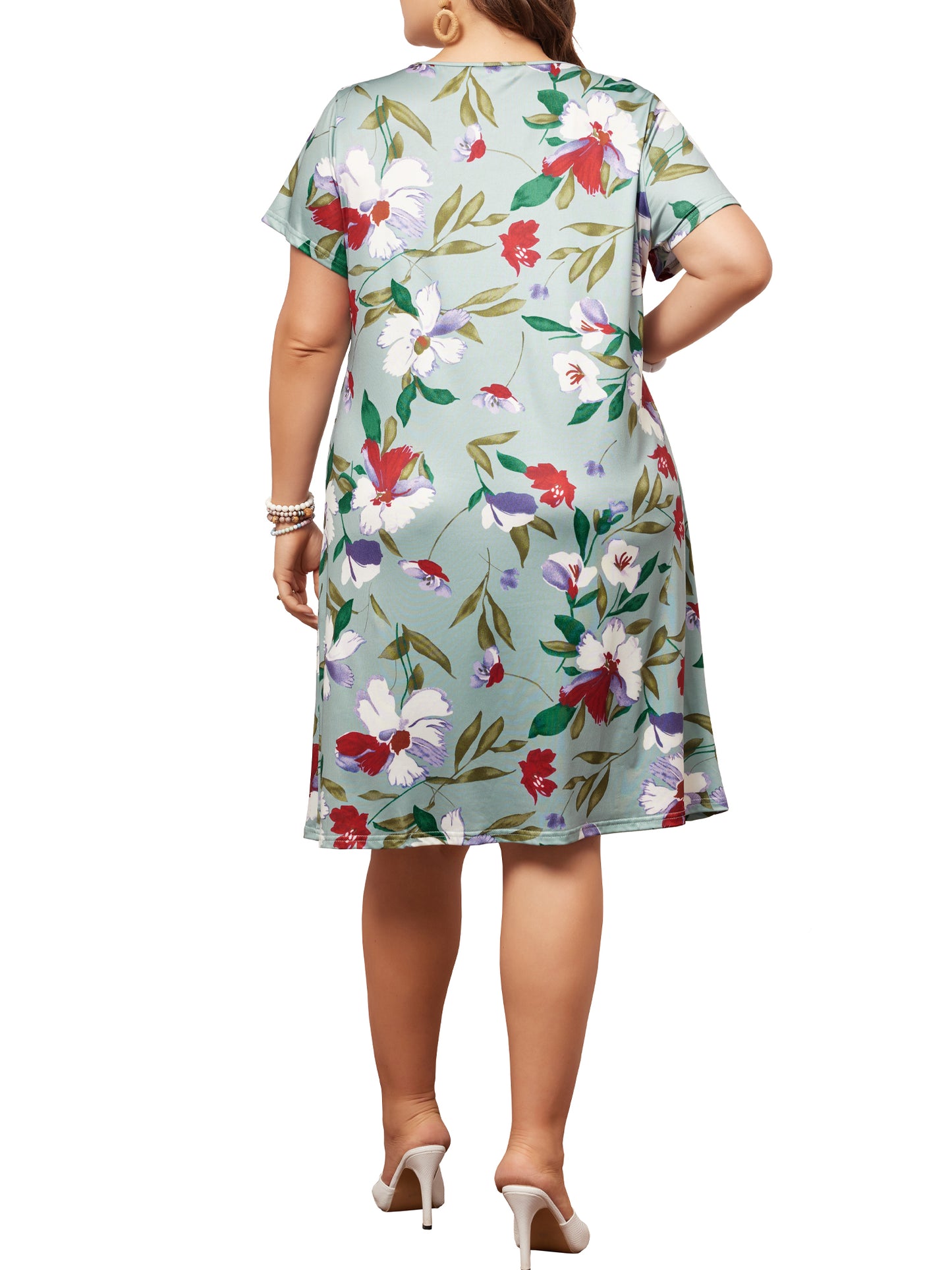 Women Plus Size Short Sleeves Pleated Summer Casual Loose Floral Dress