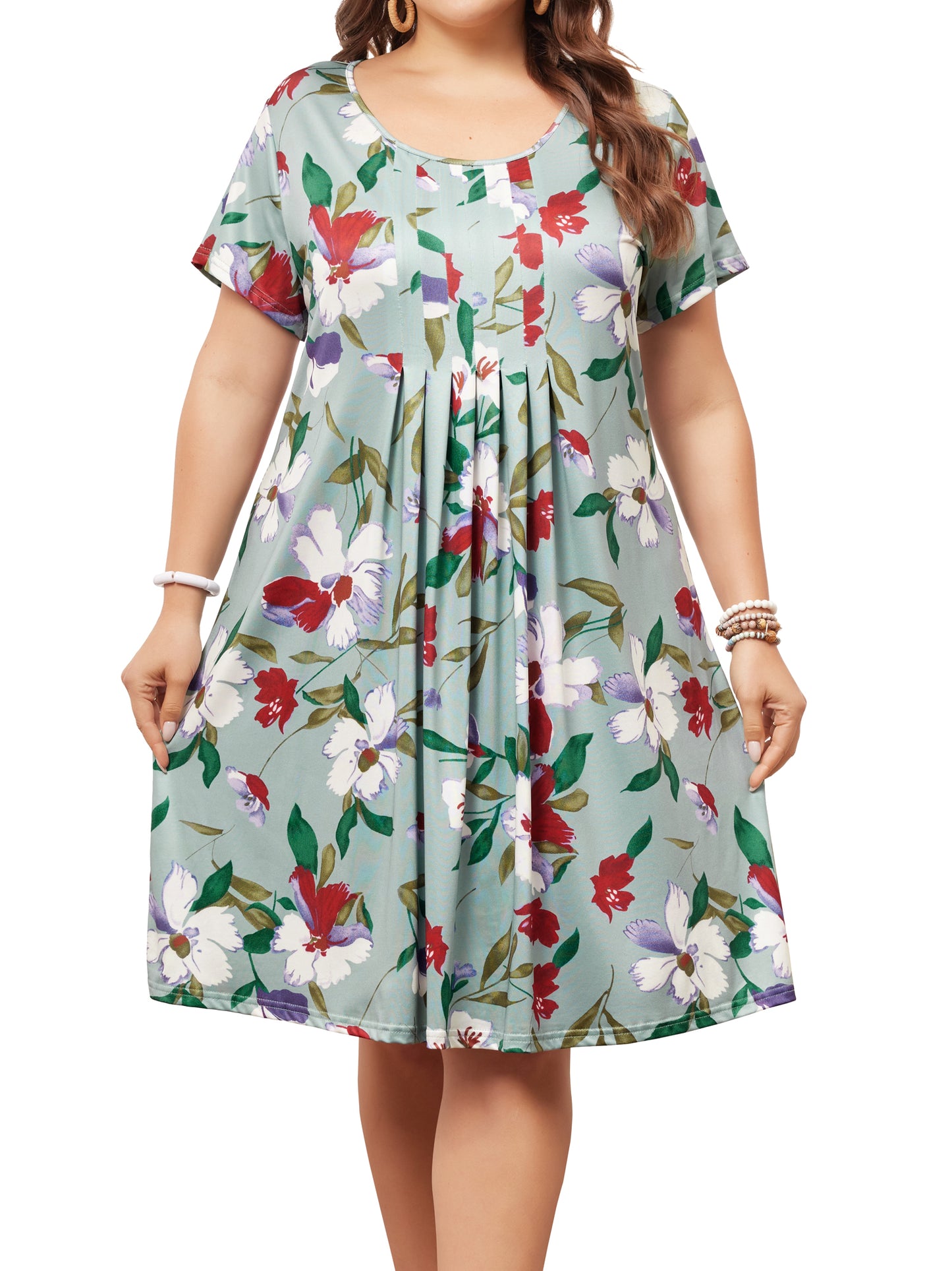 Women Plus Size Short Sleeves Pleated Summer Casual Loose Floral Dress