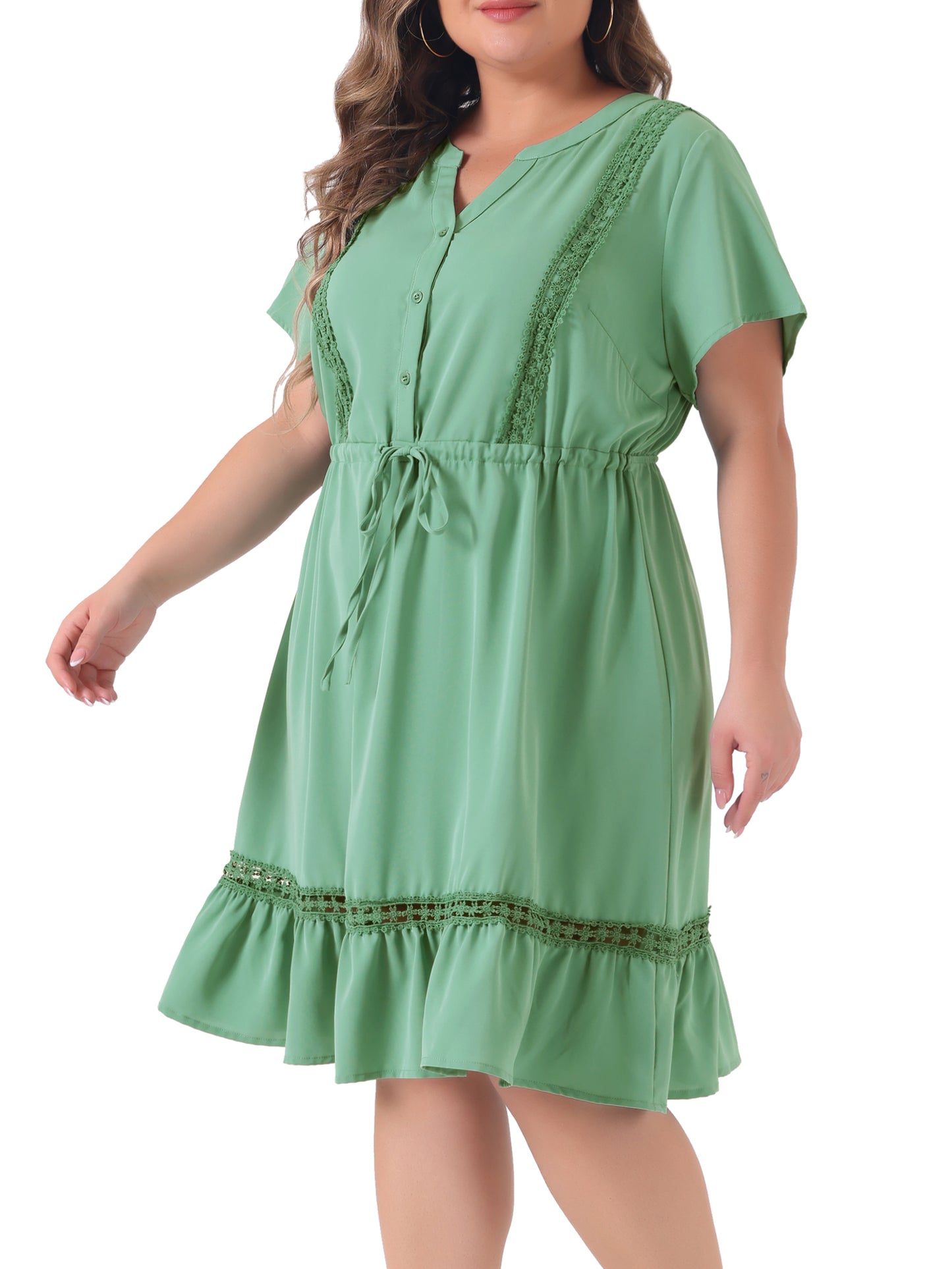 Women Plus Size Button V Neck Summer Midi Ruffle A Line Swing Dress