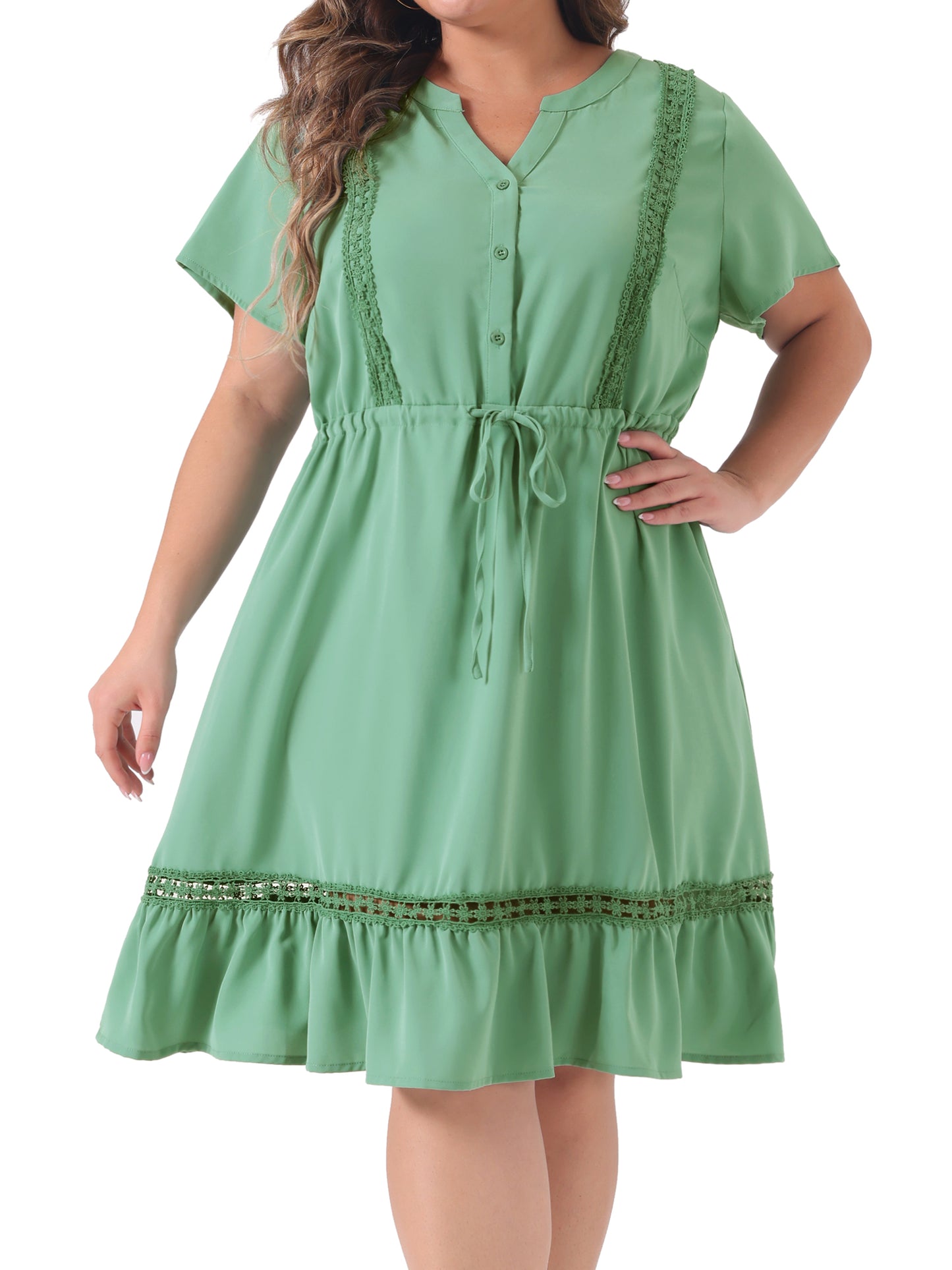 Women Plus Size Button V Neck Summer Midi Ruffle A Line Swing Dress