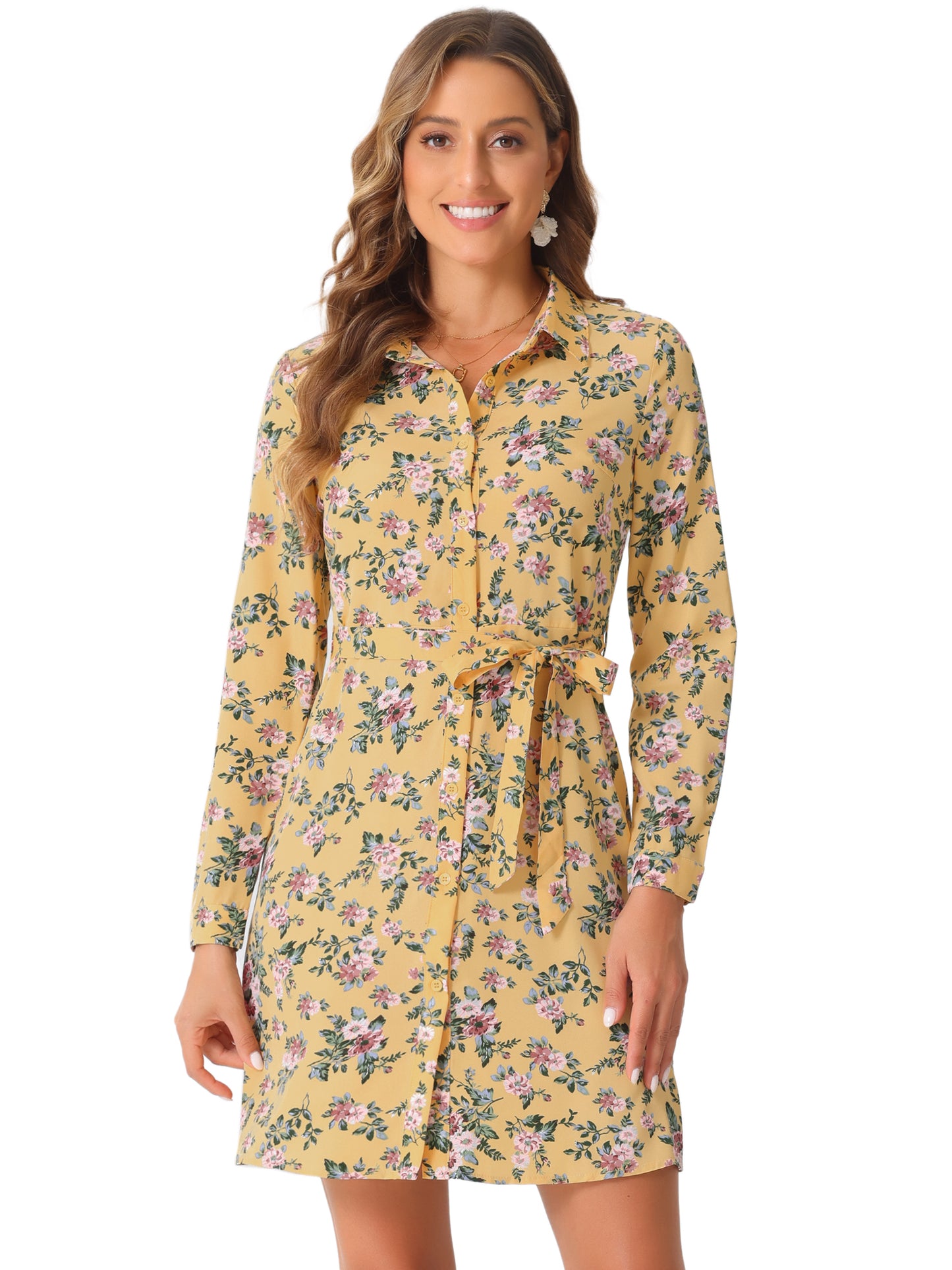 Women's Button Down Collar Tie Belted Print Shirt Dress