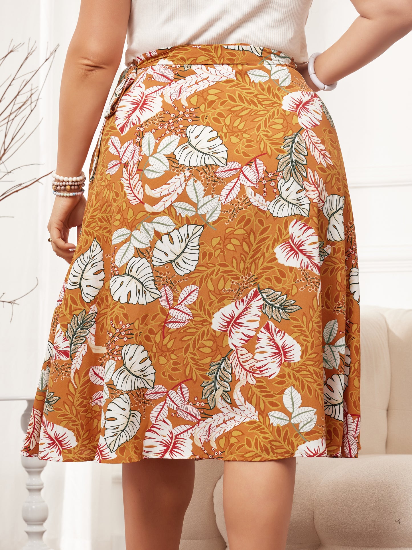 Women's Plus Size Boho Floral Wrap A Line Midi Chic Ruffled Hem High Waisted Skirt