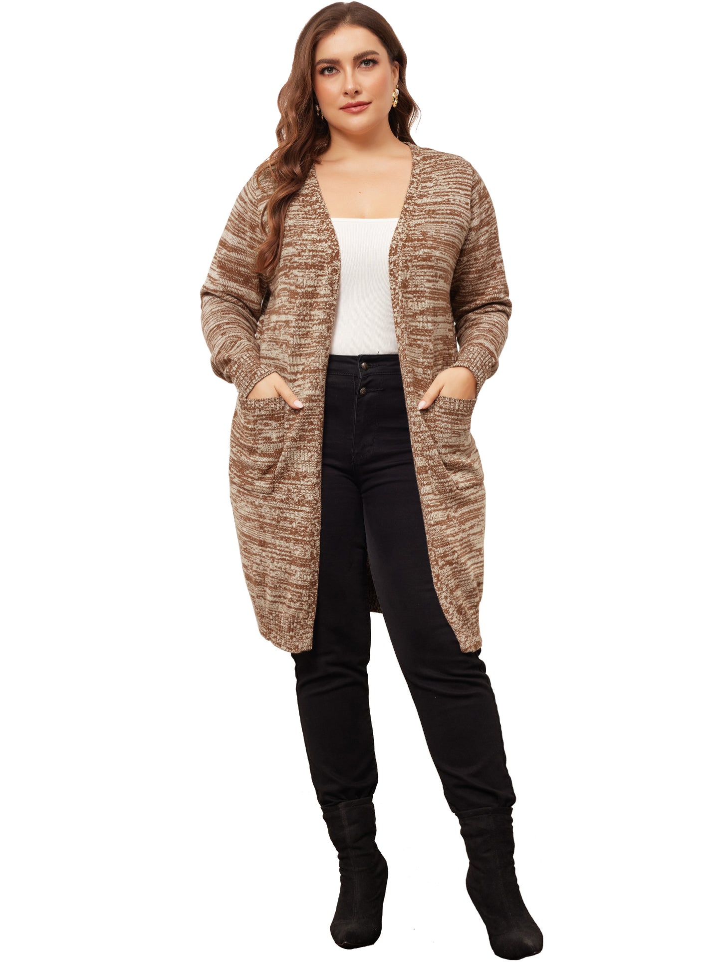 Women Plus Size Contrast Color Open Front Long Sleeve with Pockets Cardigans