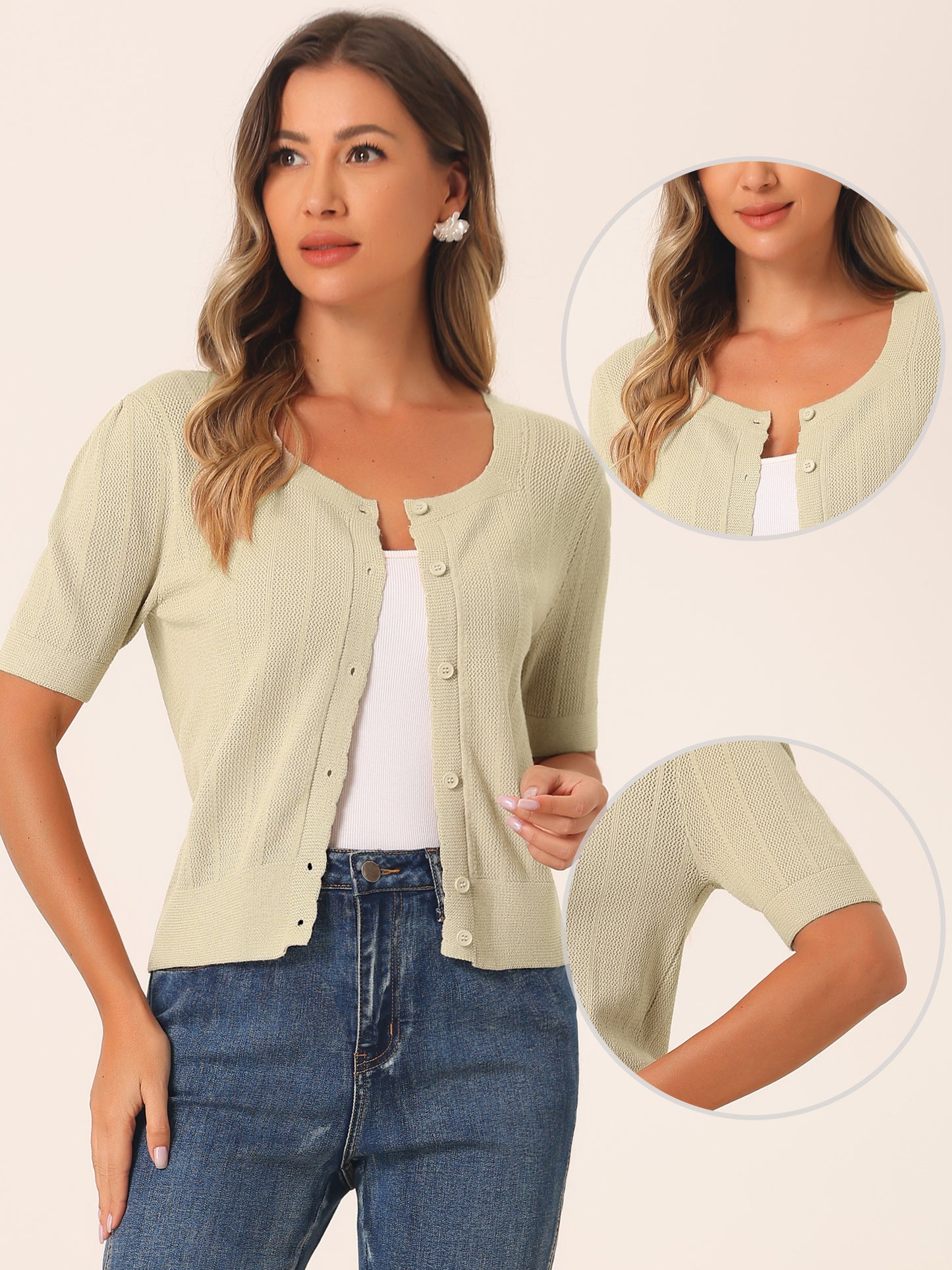 Suéter tipo bolero informal de punto a crochet con botones para mujer, cárdigan de manga corta