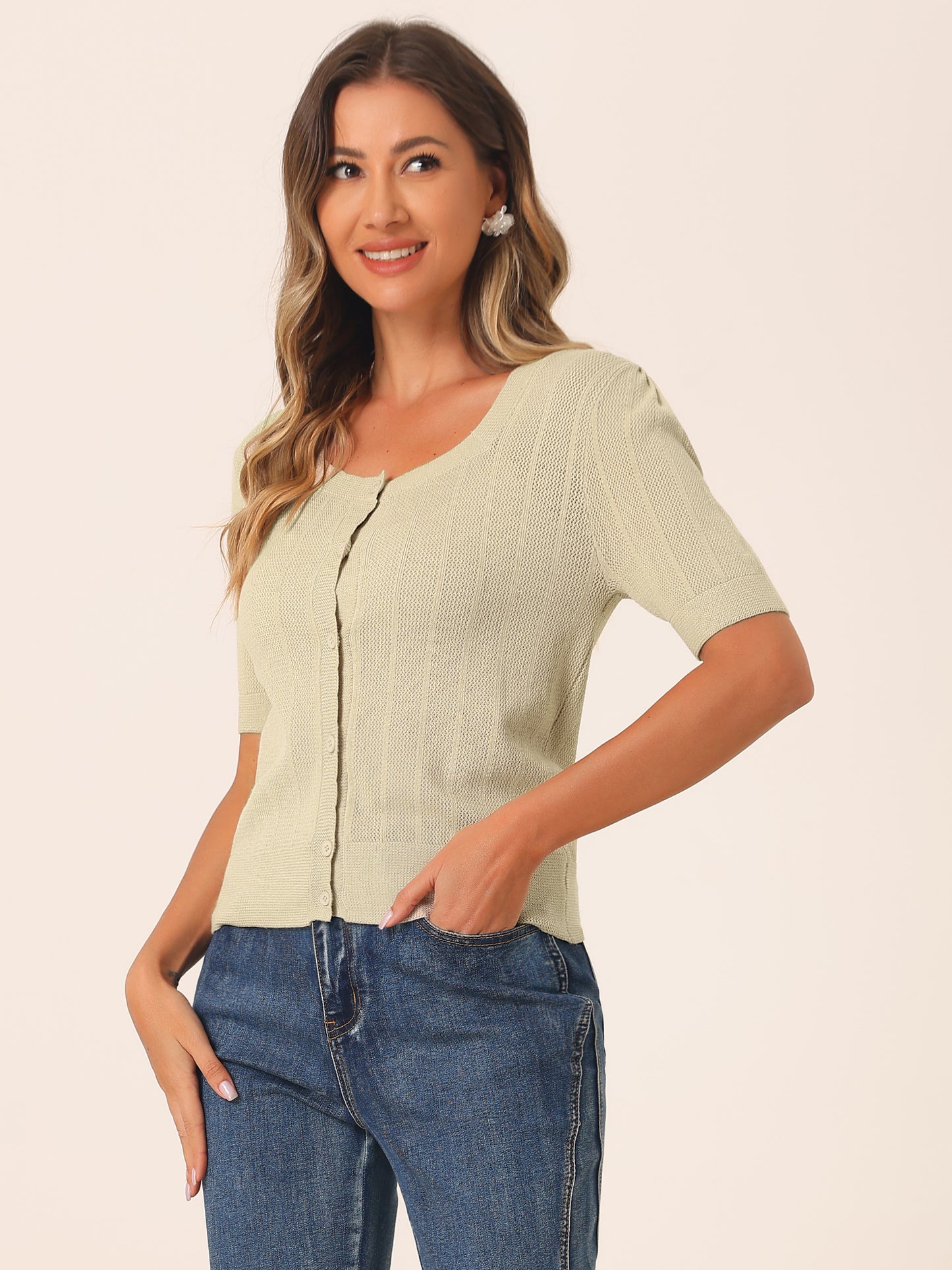 Suéter tipo bolero informal de punto a crochet con botones para mujer, cárdigan de manga corta