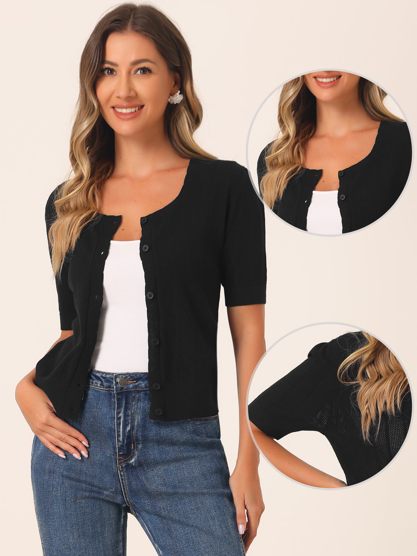 Suéter tipo bolero informal de punto a crochet con botones para mujer, cárdigan de manga corta