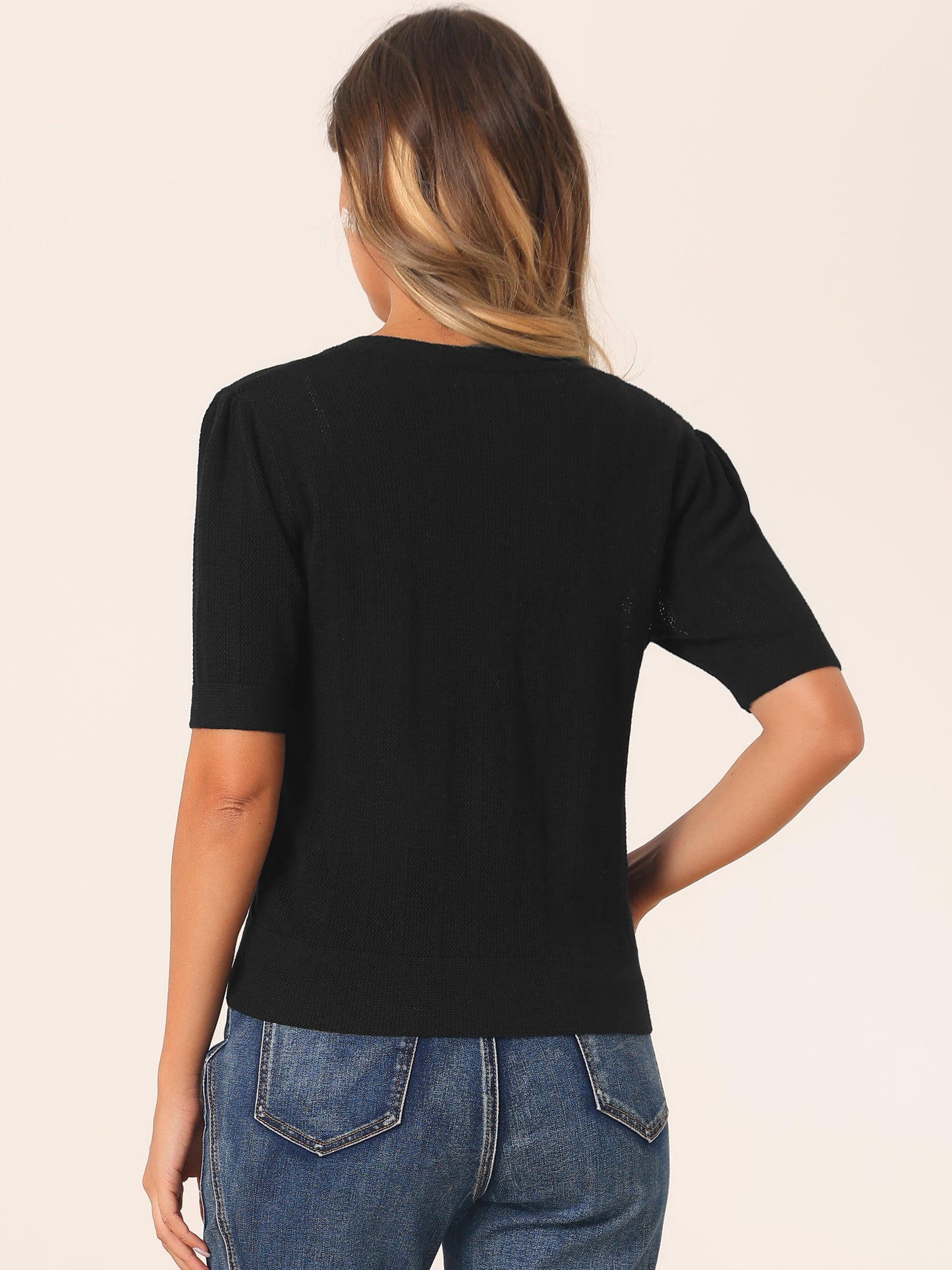 Suéter tipo bolero informal de punto a crochet con botones para mujer, cárdigan de manga corta
