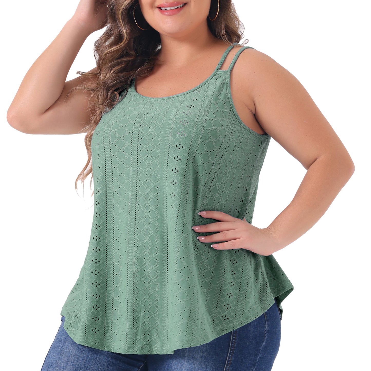 Women Plus Size Tank Tops Eyelet Embroidery Sleeveless Spaghetti Strap Loose Fit Cami Top