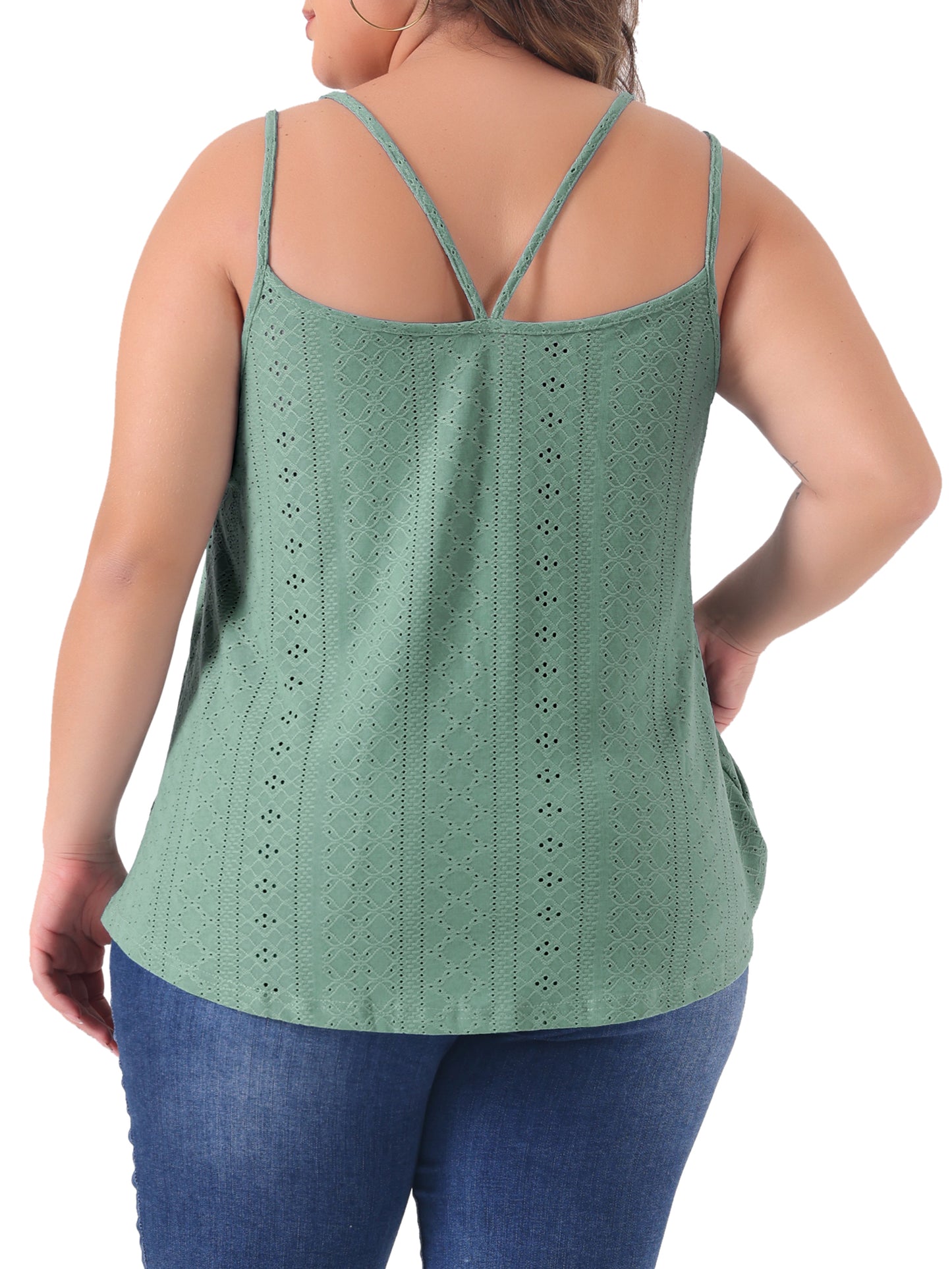 Women Plus Size Tank Tops Eyelet Embroidery Sleeveless Spaghetti Strap Loose Fit Cami Top