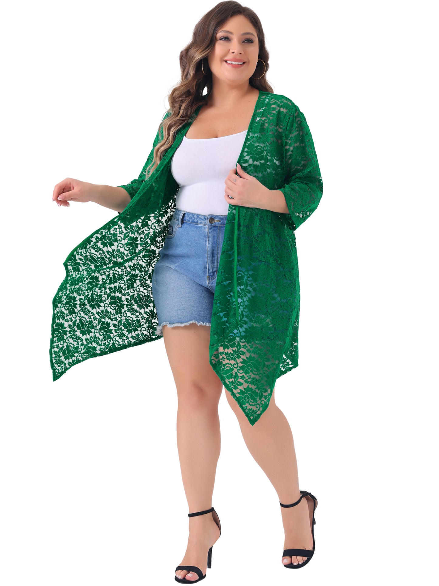 Women Plus Size Cardigans Open Front 3/4 Sleeves Crochet Cover Ups