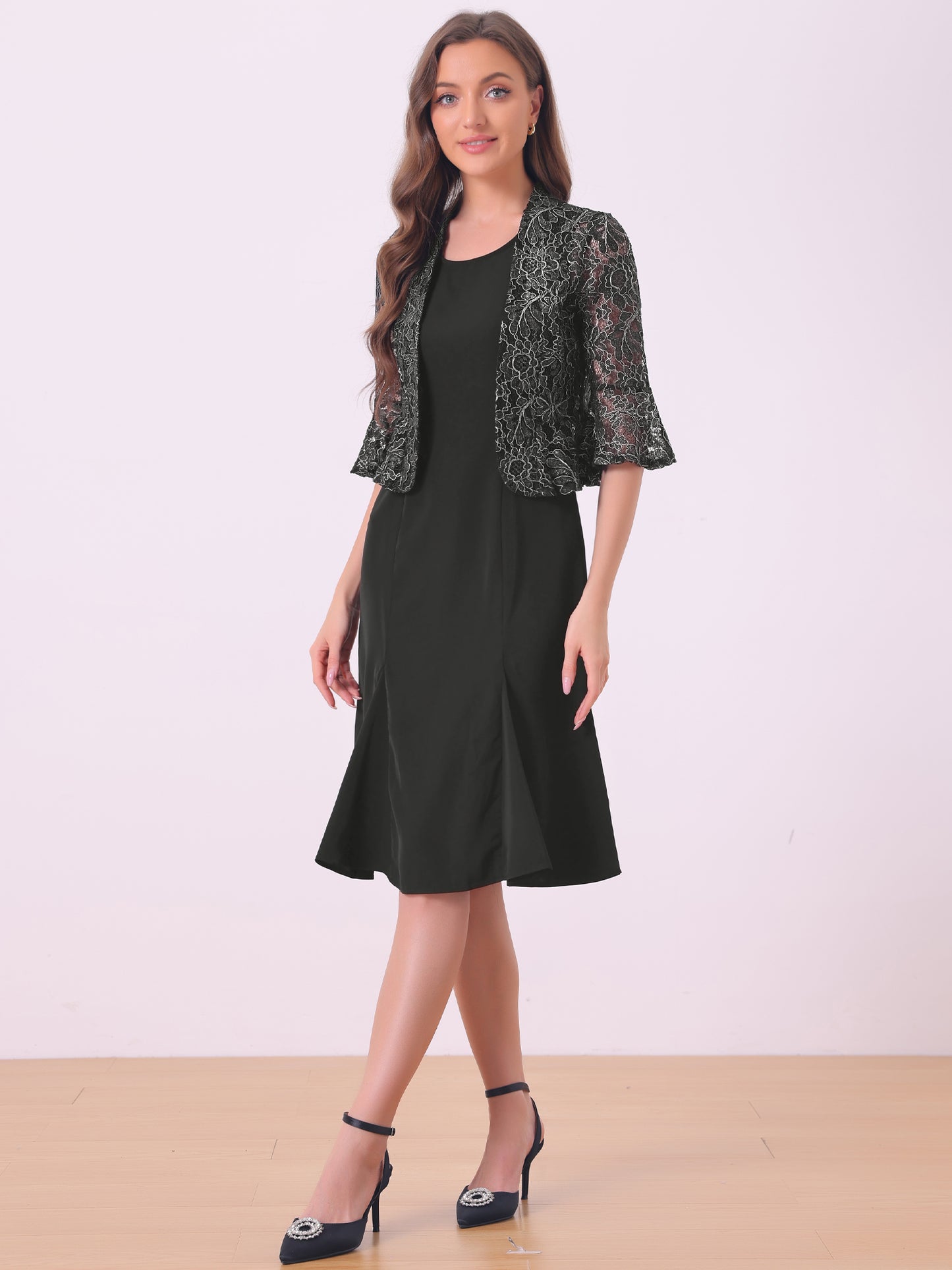 Women's 2 Pieces Evening Dress Set Mother of The Bride Dresses Half Sleeve Lace Jacket