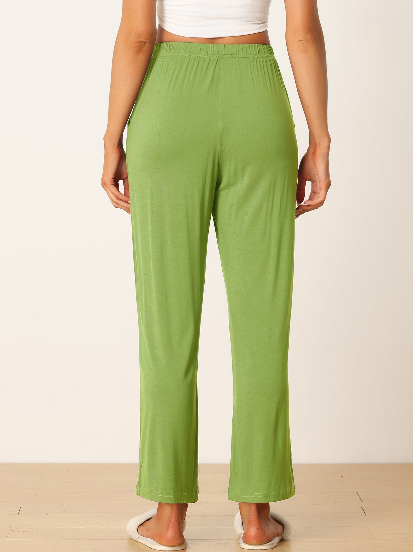 Women's Cotton Sleep Pants Elastic Waist Wide-Leg Straight Pants Sleepwear with Pockets
