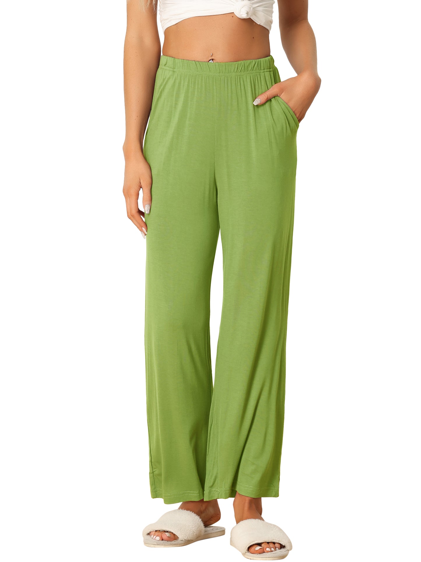 Women's Cotton Sleep Pants Elastic Waist Wide-Leg Straight Pants Sleepwear with Pockets
