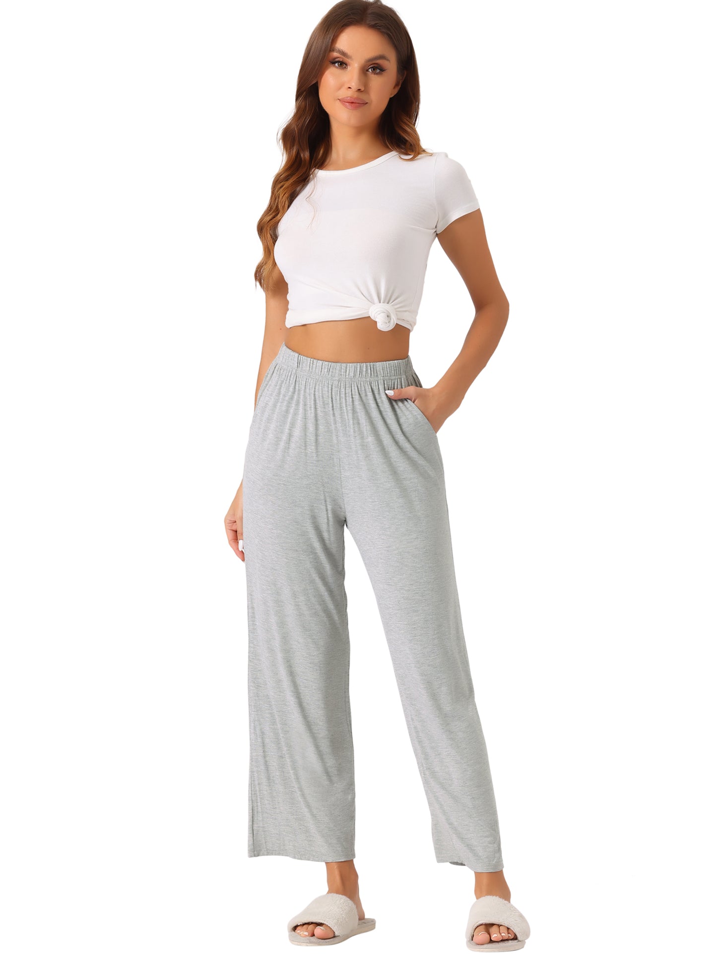 Women's Cotton Sleep Pants Elastic Waist Wide-Leg Straight Pants Sleepwear with Pockets