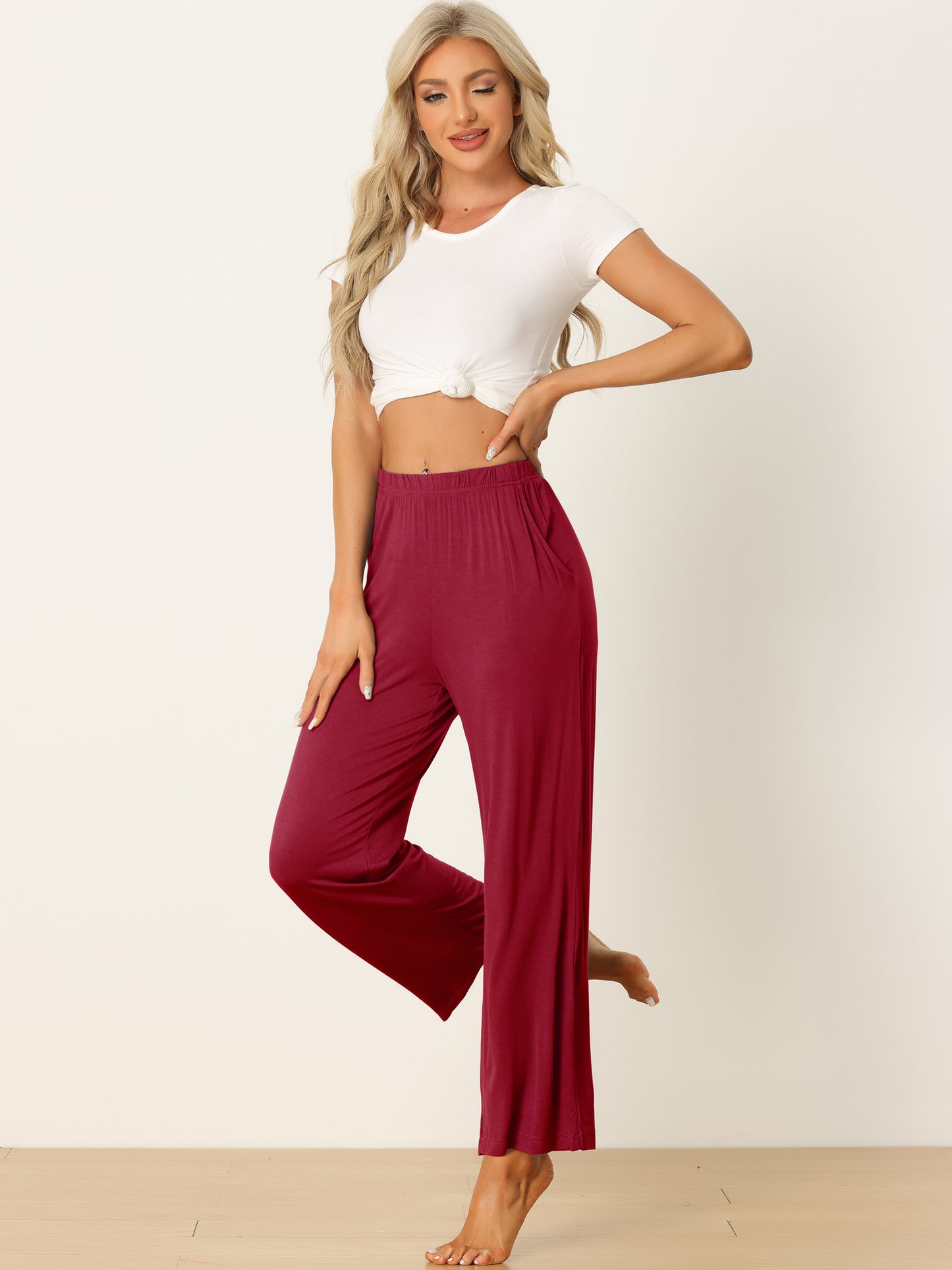 Women's Cotton Sleep Pants Elastic Waist Wide-Leg Straight Pants Sleepwear with Pockets