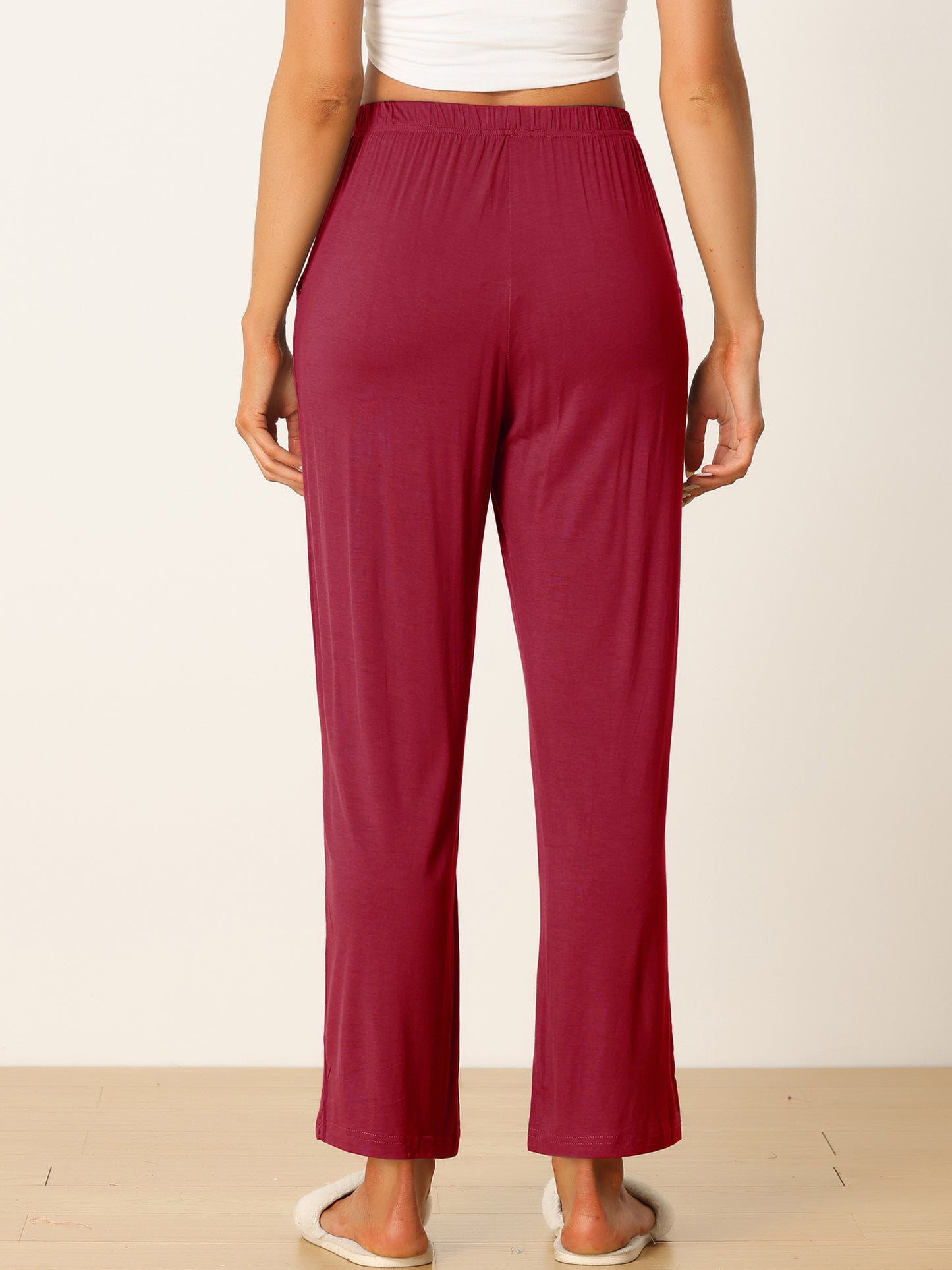 Women's Cotton Sleep Pants Elastic Waist Wide-Leg Straight Pants Sleepwear with Pockets