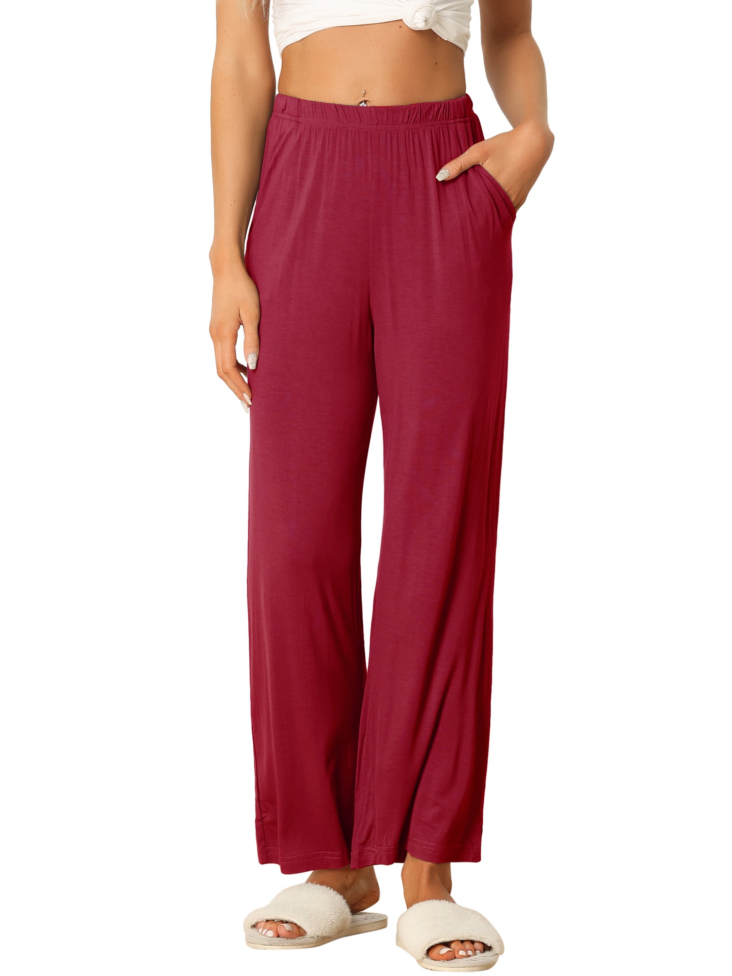 Women's Cotton Sleep Pants Elastic Waist Wide-Leg Straight Pants Sleepwear with Pockets