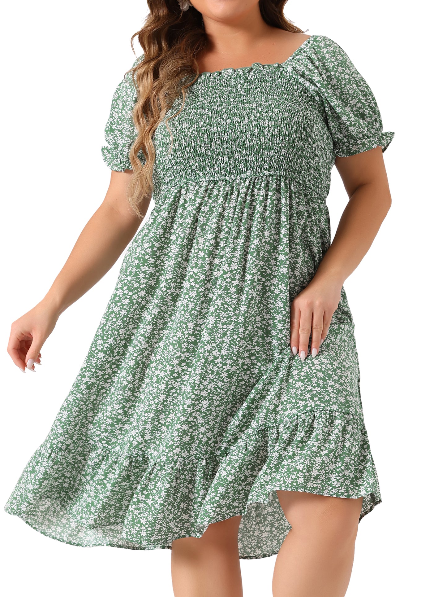 Women Plus Size Dress Ruffle Short Sleeve Flared Flowy Smock Floral Print Dress