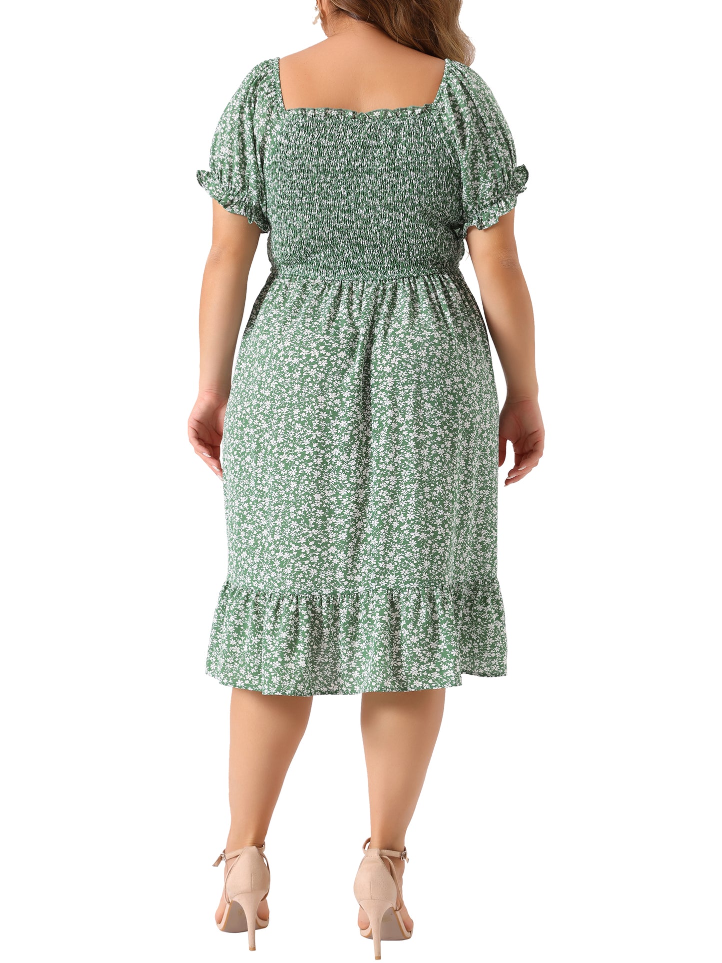 Women Plus Size Dress Ruffle Short Sleeve Flared Flowy Smock Floral Print Dress