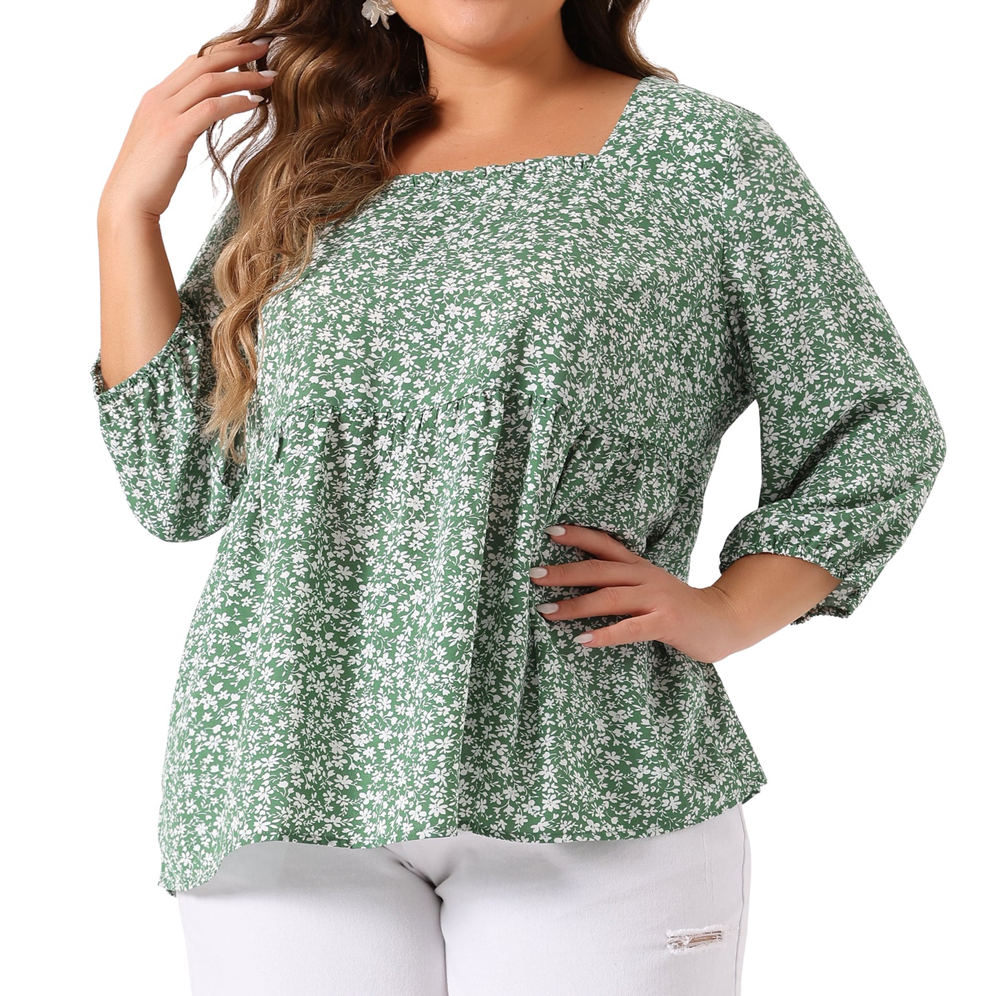Women Plus Size Blouse 3/4 Sleeve Floral Peplum Babydoll Top