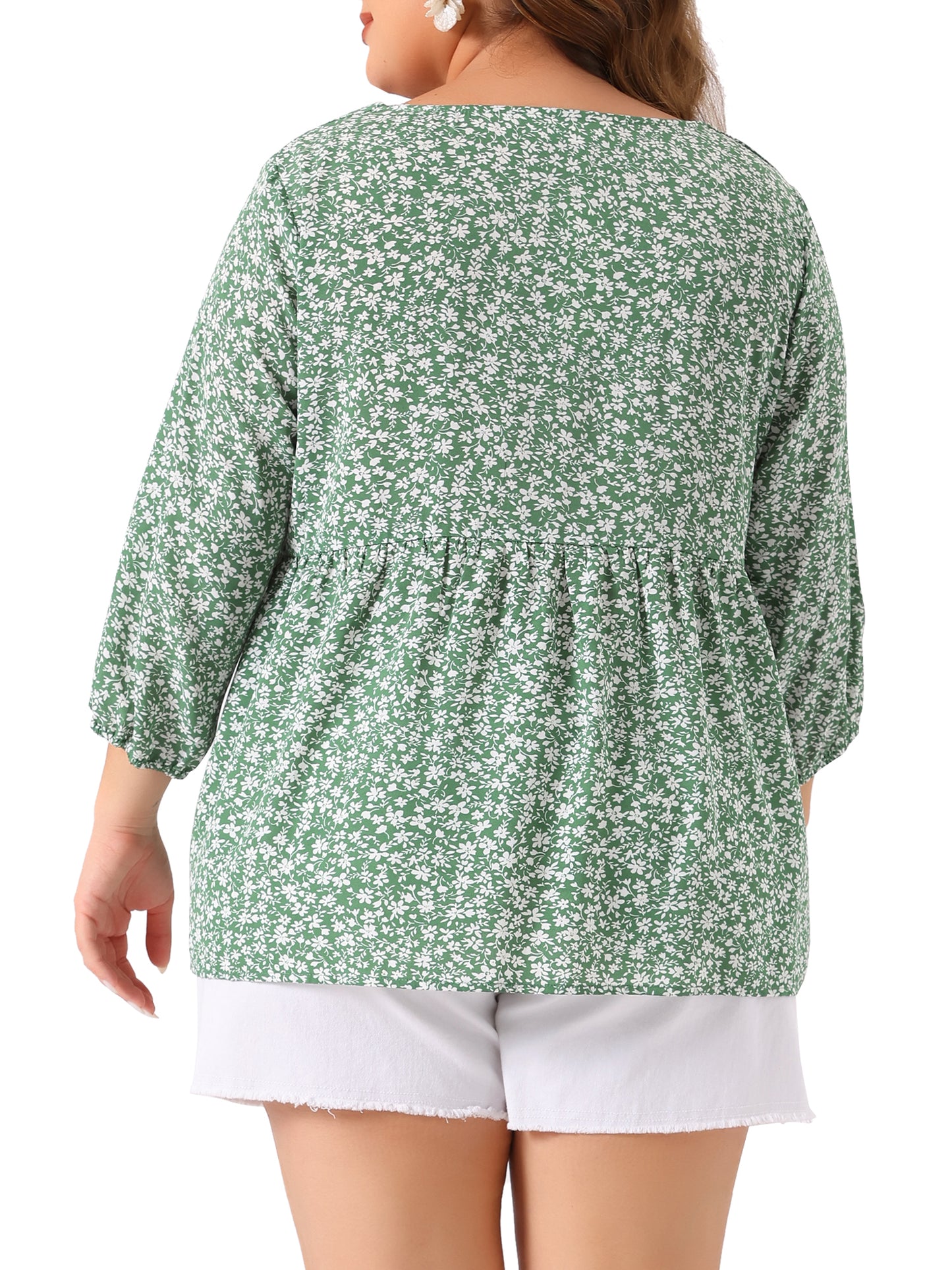 Women Plus Size Blouse 3/4 Sleeve Floral Peplum Babydoll Top