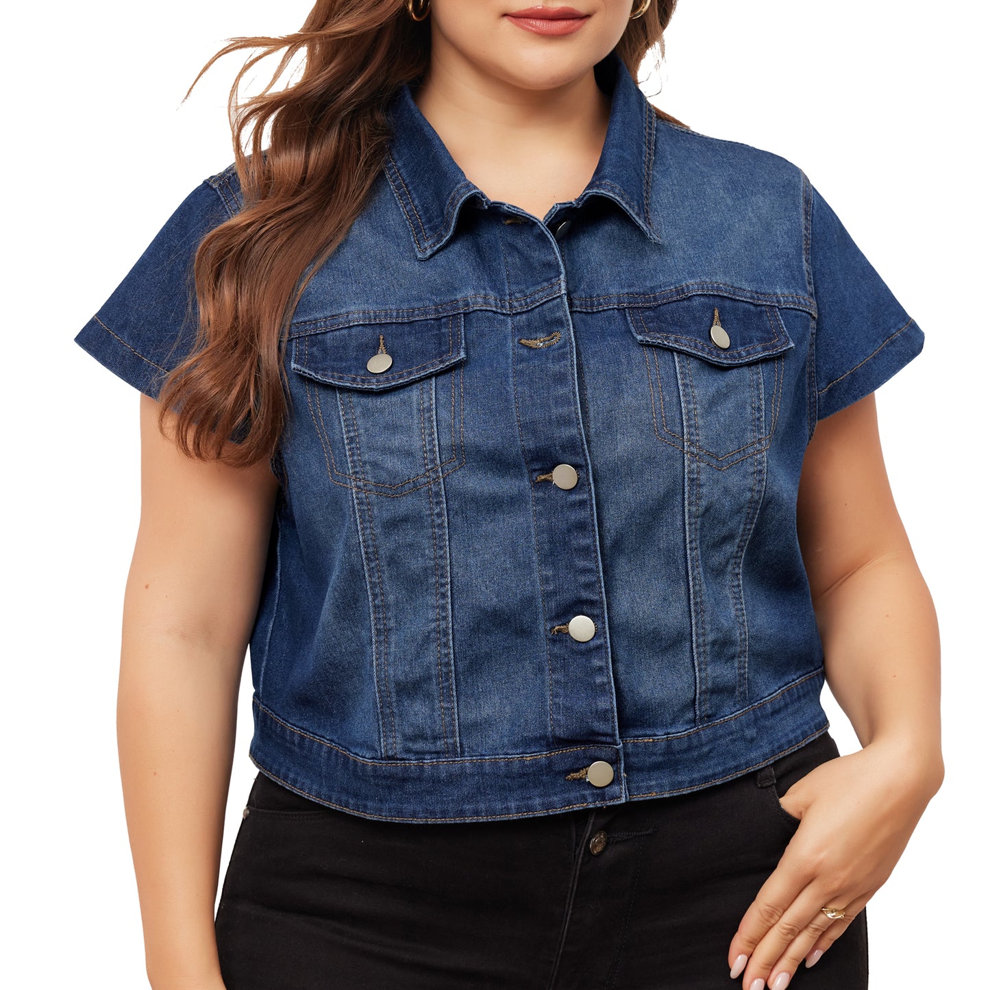Chaleco vaquero de talla grande para mujer, estilo Y2K, con botones, manga corta, estilo urbano, chaqueta vaquera recortada